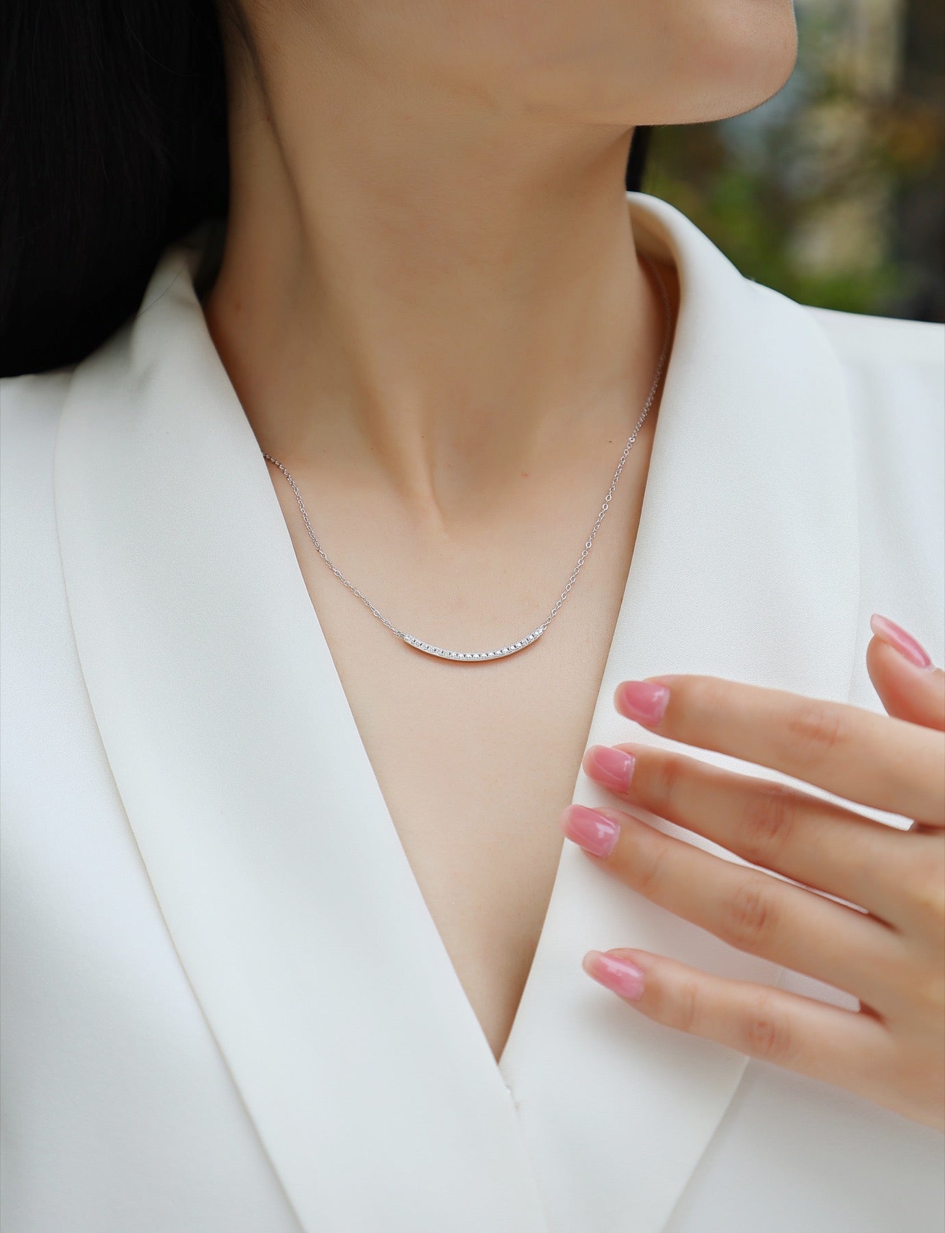 Grace Moissanite Curved Bar Necklace in Sterling Silver