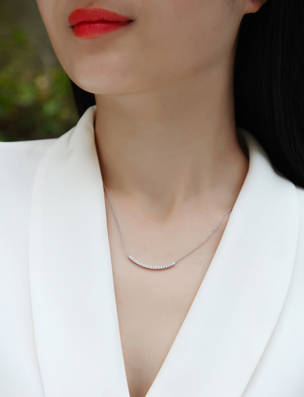Grace Moissanite Curved Bar Necklace in Sterling Silver
