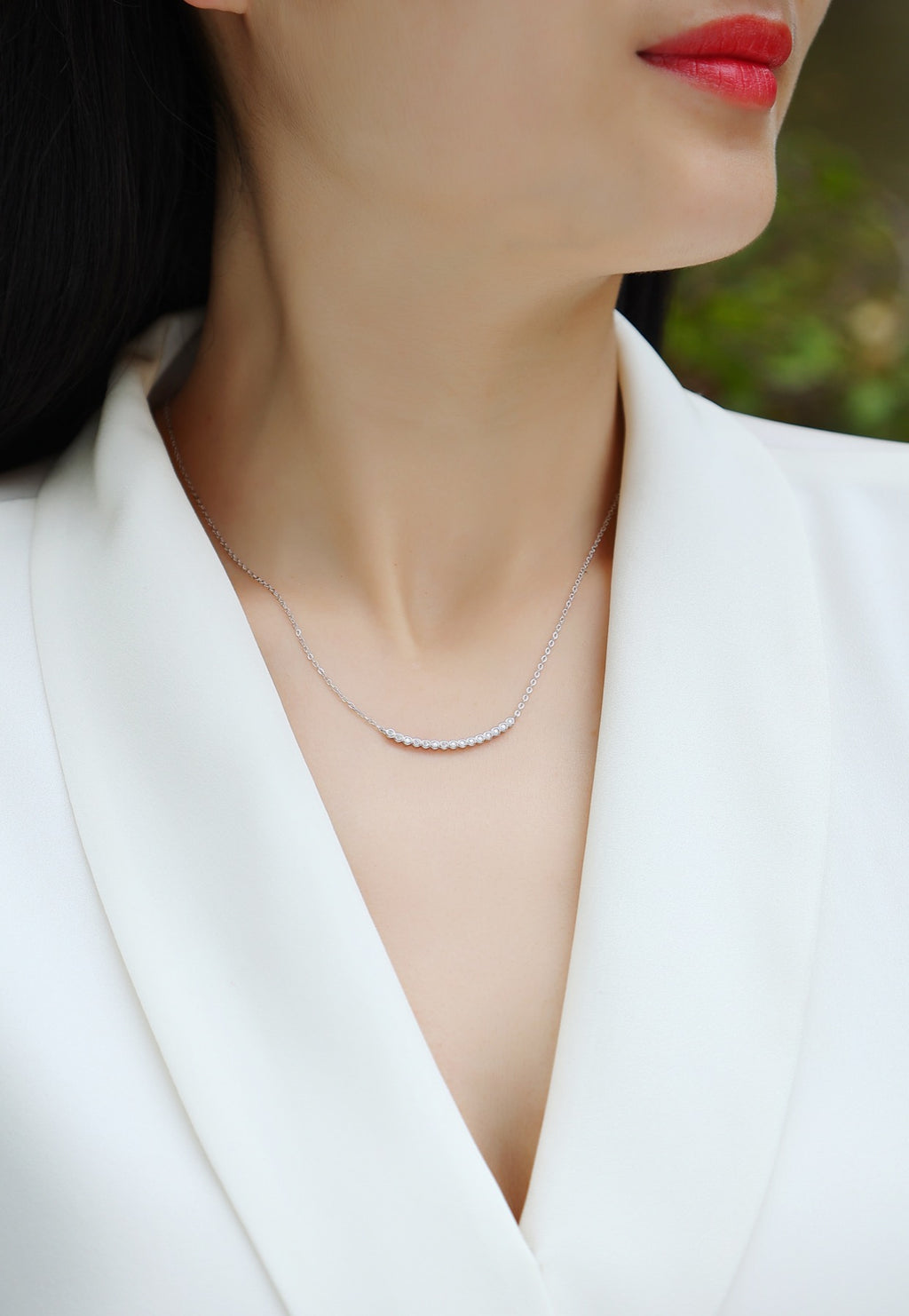 Float Moissanite Curved Bar Necklace in Sterling Silver