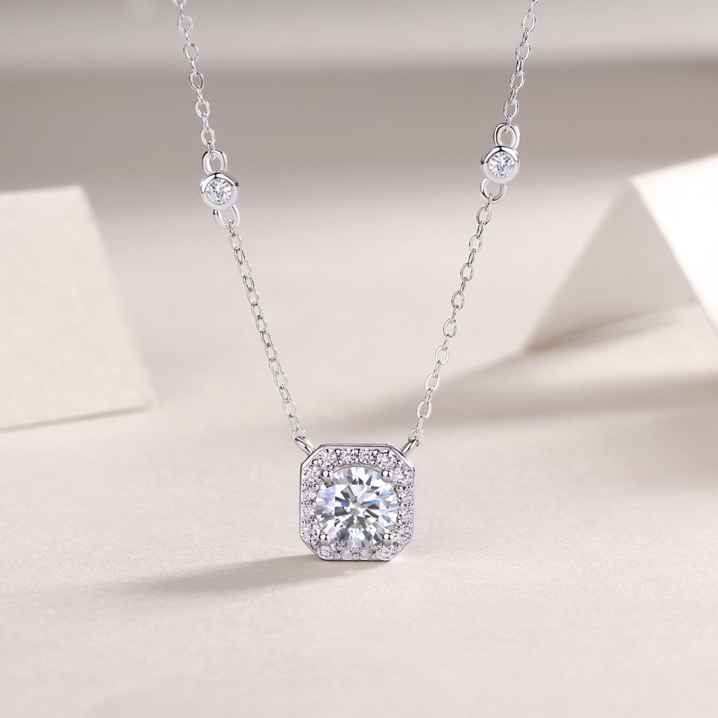 Blossom 1 Carat Moissanite Halo Pendant Necklace in Sterling Silver