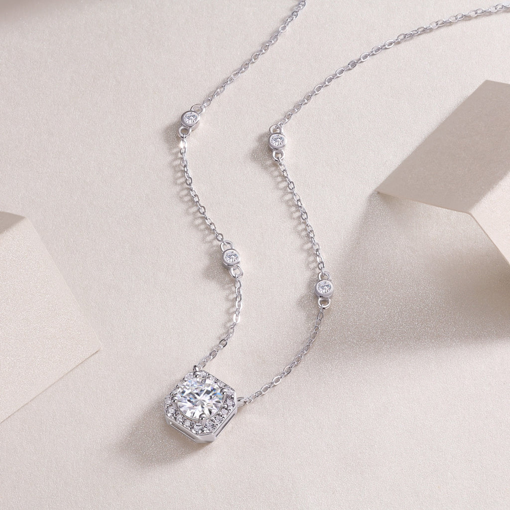 Blossom 1 Carat Moissanite Halo Pendant Necklace in Sterling Silver