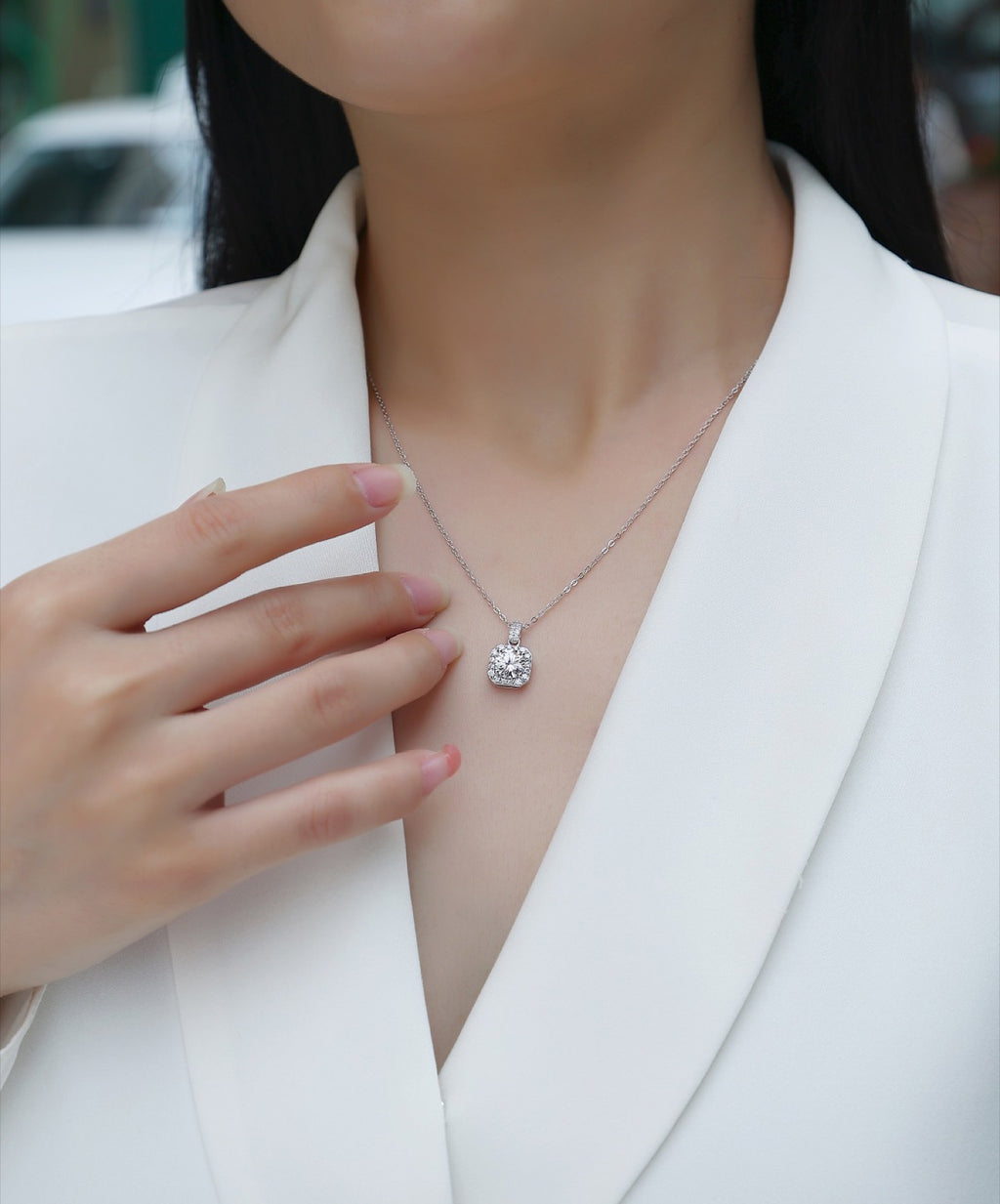Aurora 1 Carat Moissanite Halo Pendant Necklace in Sterling Silver