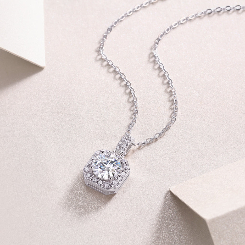 Aurora 1 Carat Moissanite Halo Pendant Necklace in Sterling Silver