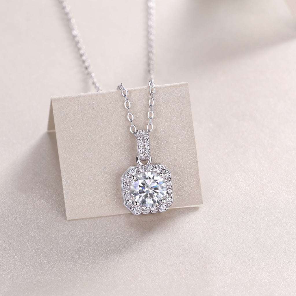Aurora 1 Carat Moissanite Halo Pendant Necklace in Sterling Silver