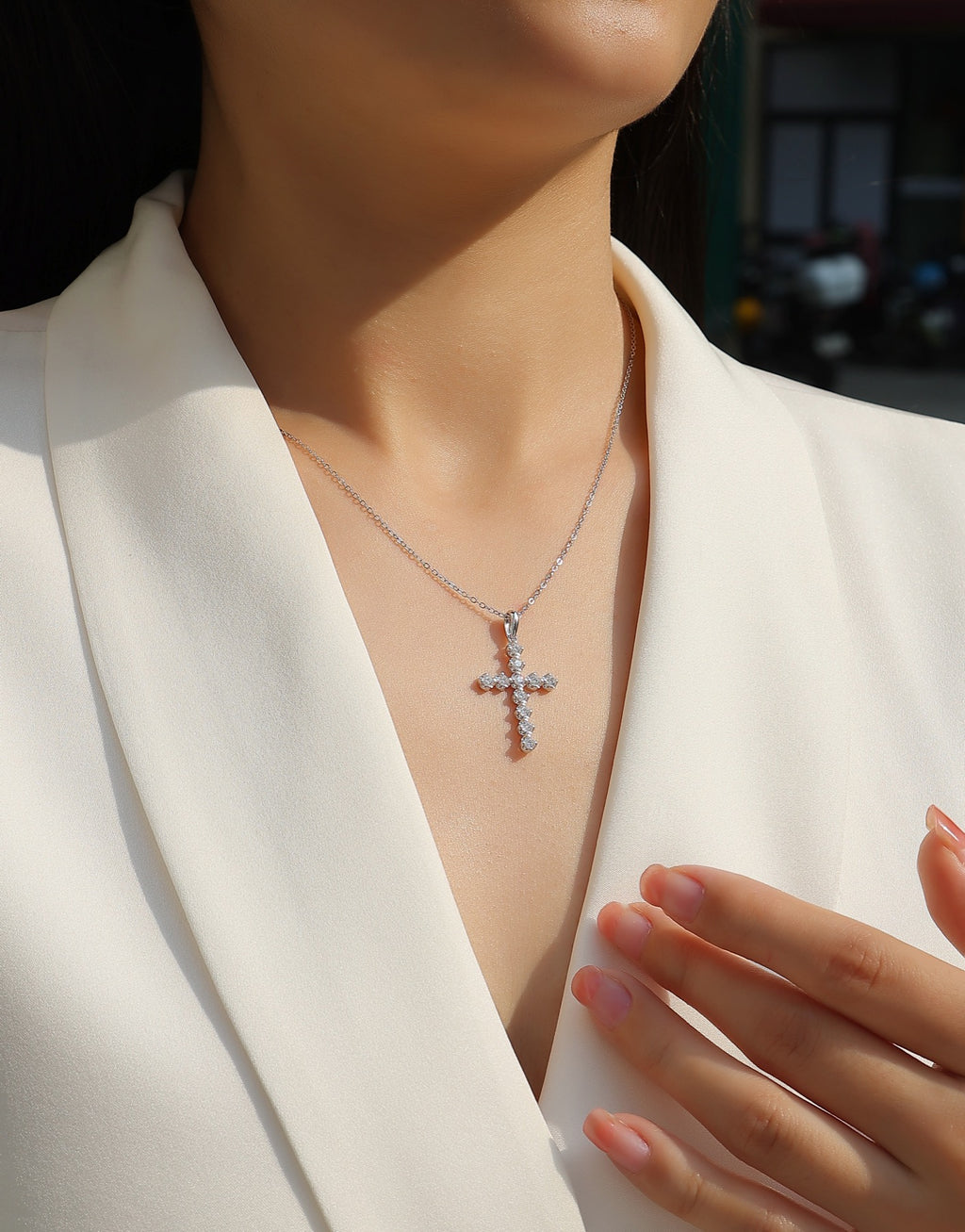 Vigil Moissanite Cross Necklace in Sterling Silver