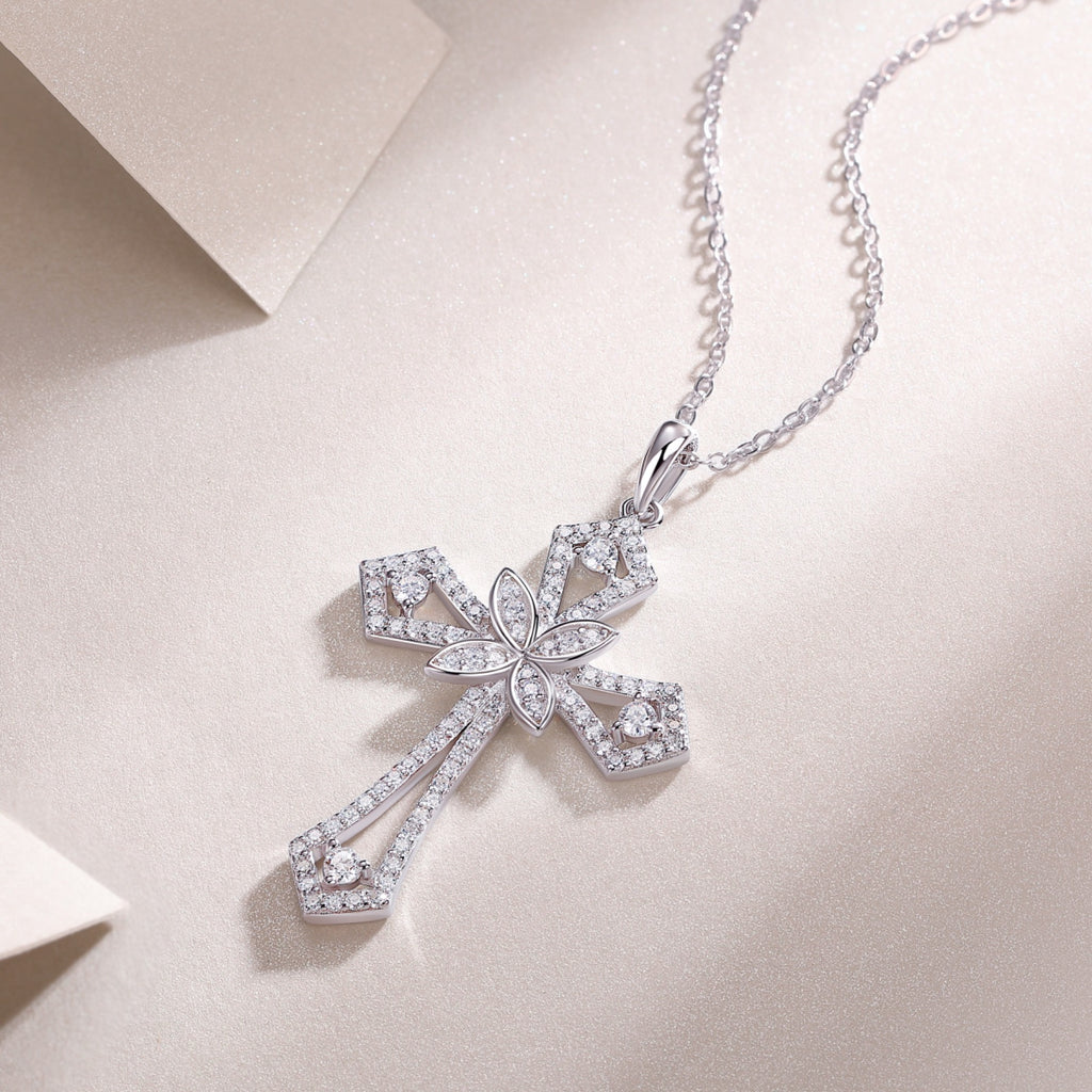 Bastion Moissanite Cross Necklace in Sterling Silver