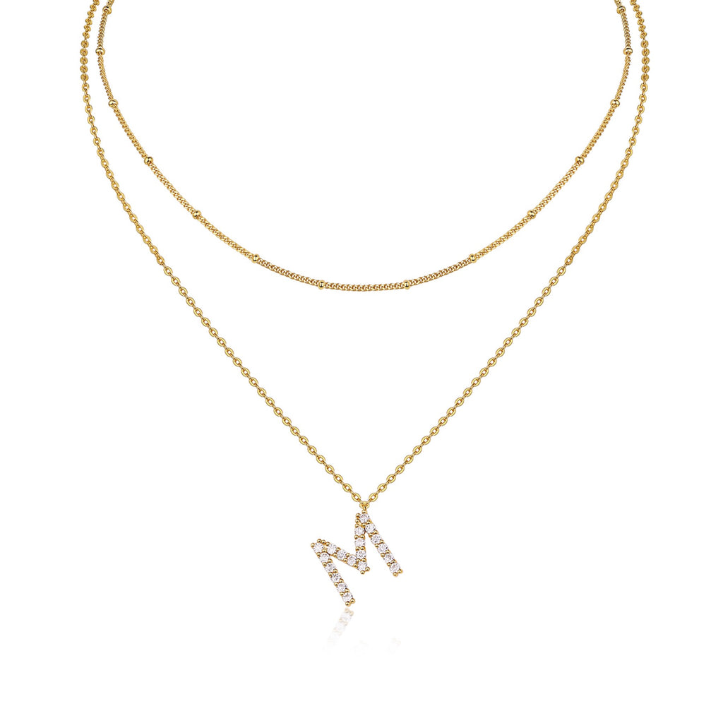 Initial M Moissanite Layered Chain Necklace in Gold-Tone Sterling Silver