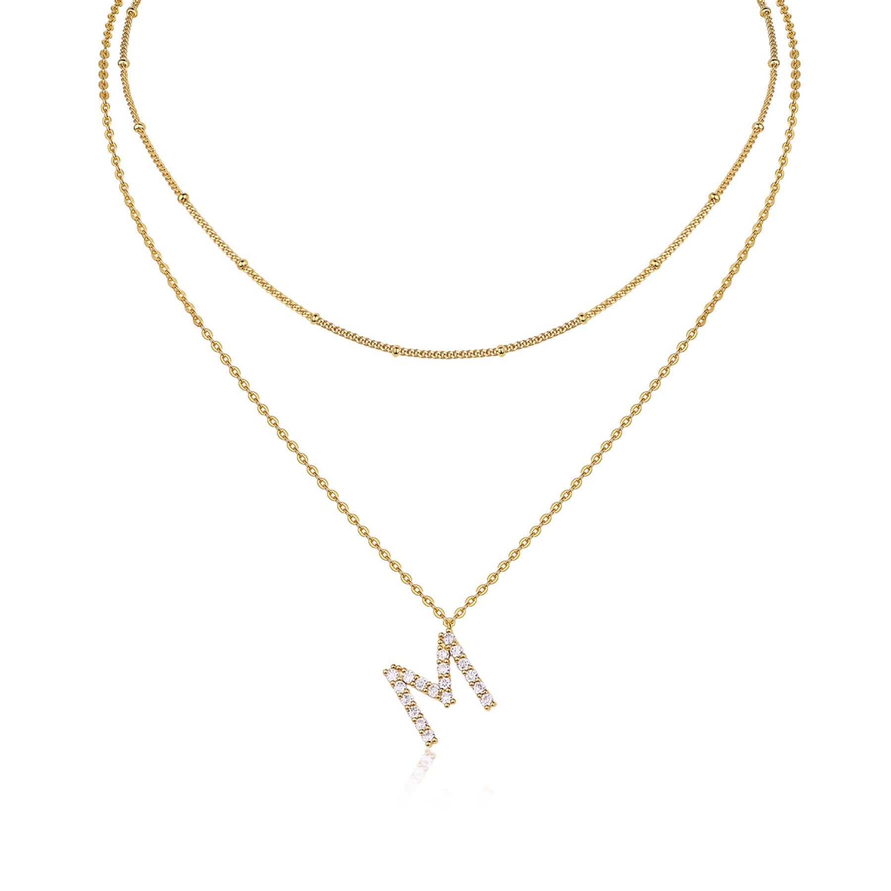 Initial M Moissanite Layered Chain Necklace in Gold-Tone Sterling Silver