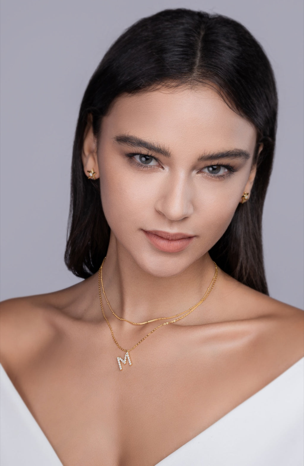 Initial M Moissanite Layered Chain Necklace in Gold-Tone Sterling Silver