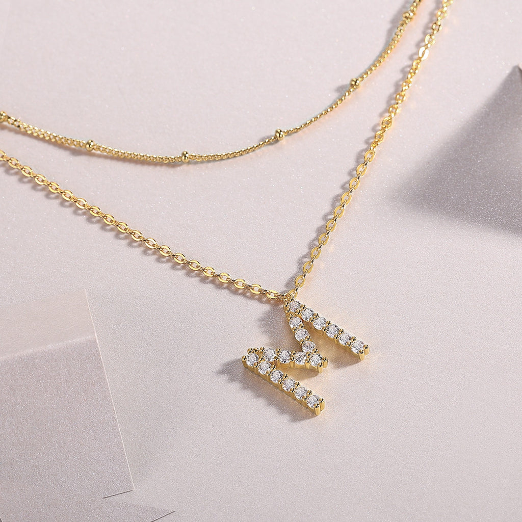Initial M Moissanite Layered Chain Necklace in Gold-Tone Sterling Silver