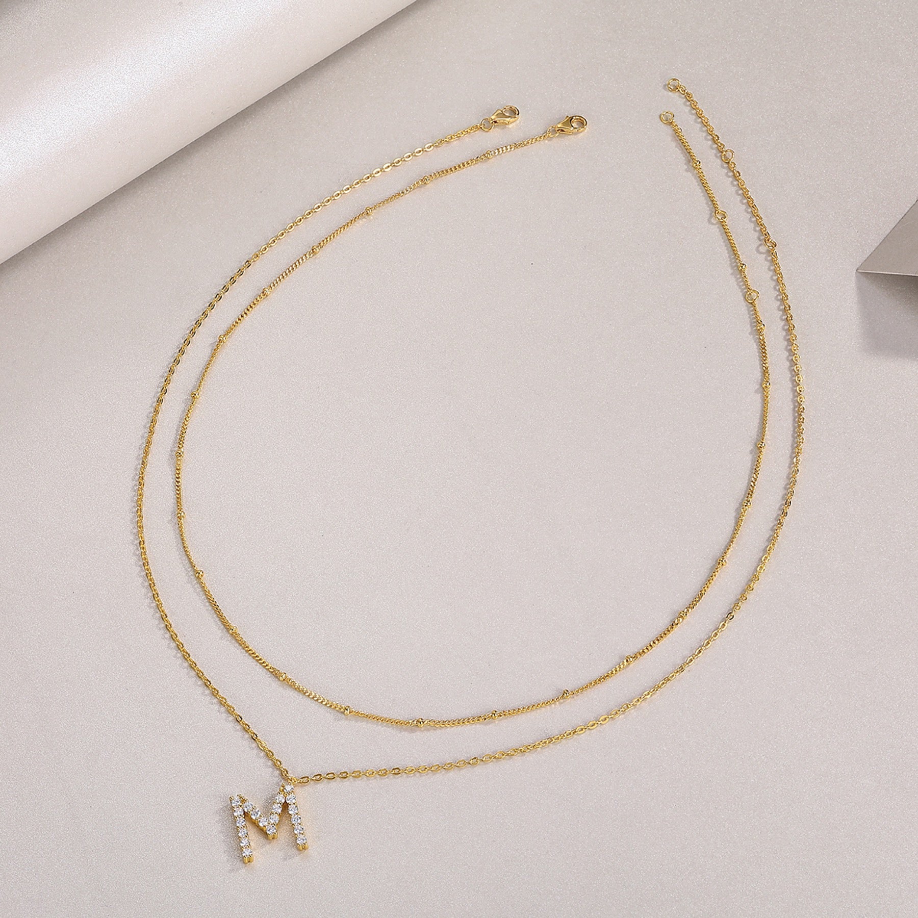 Initial M Moissanite Layered Chain Necklace in Gold-Tone Sterling Silver