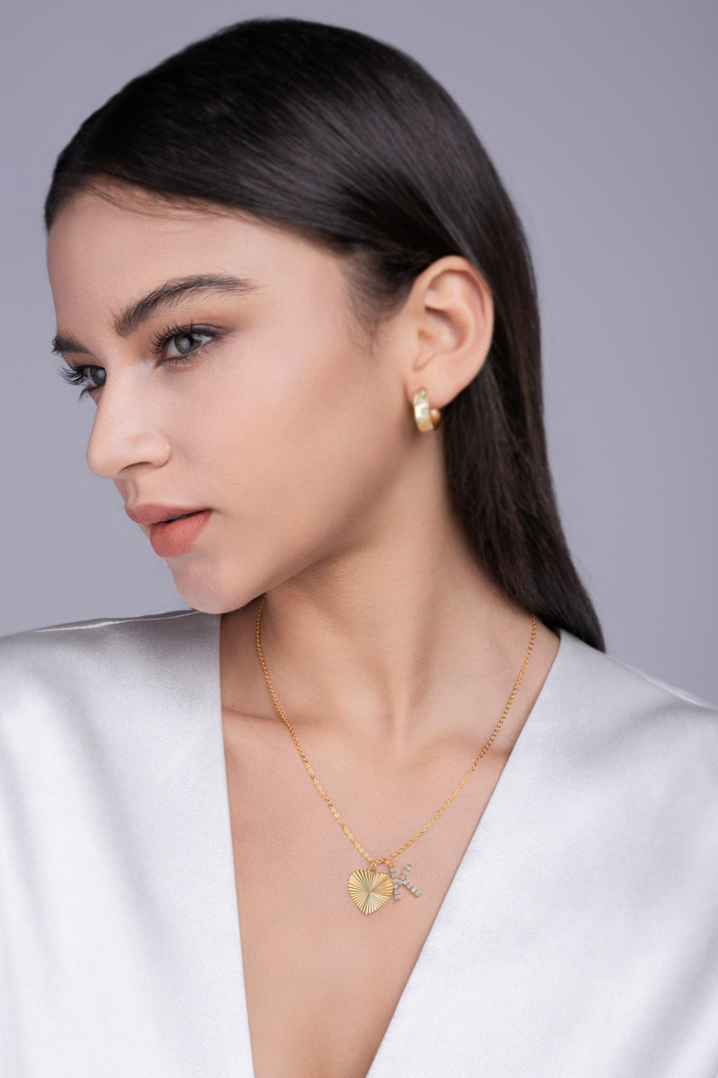 Initial K Moissanite Heart and Initial Necklace in Gold-Tone Sterling Silver