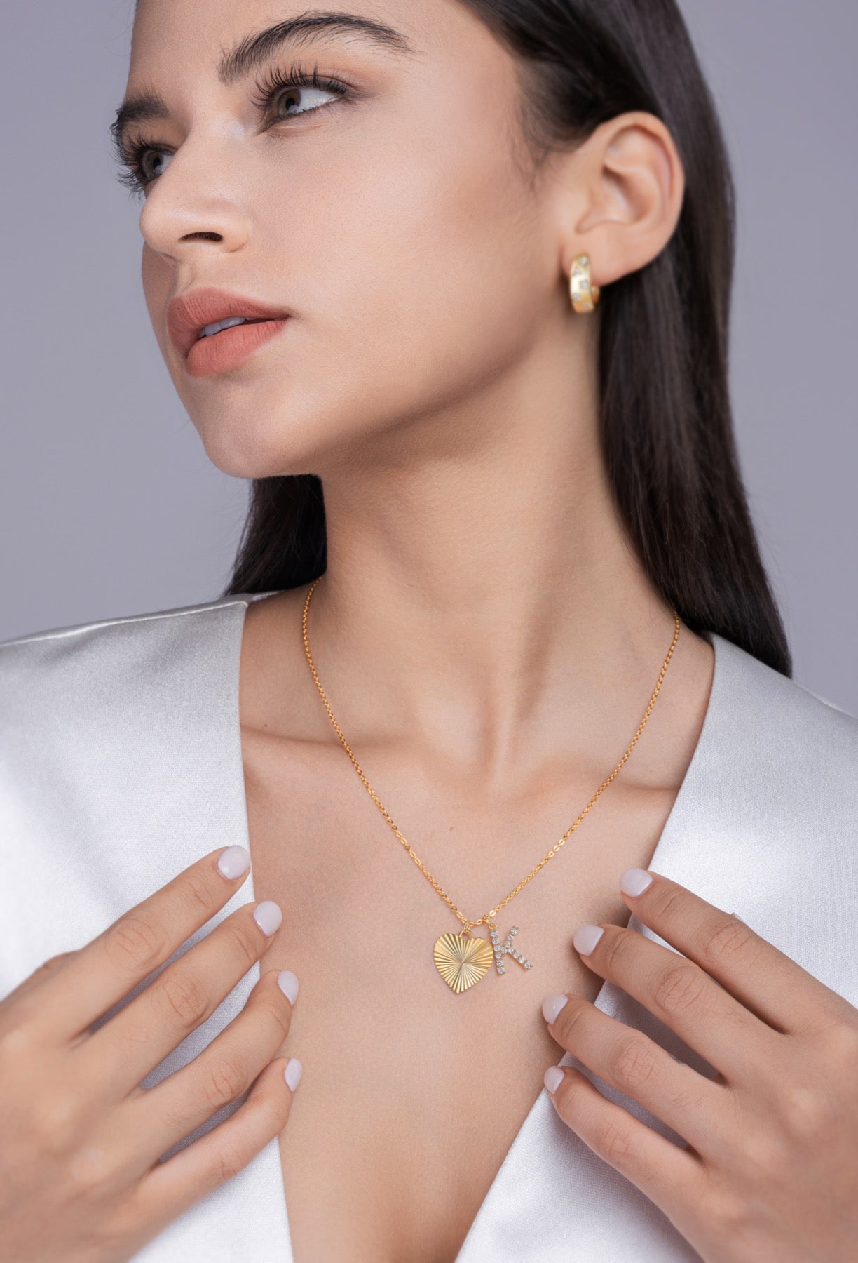 Initial K Moissanite Heart and Initial Necklace in Gold-Tone Sterling Silver