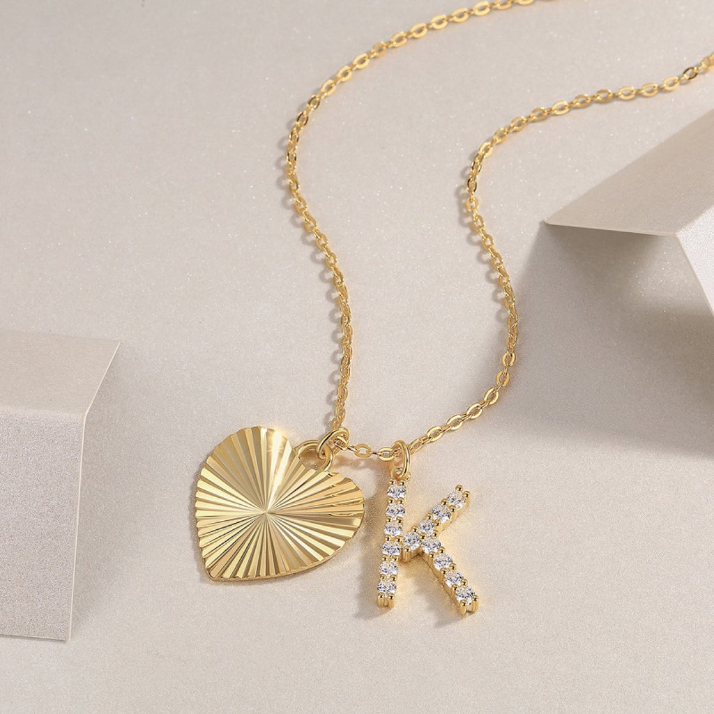 Initial K Moissanite Heart and Initial Necklace in Gold-Tone Sterling Silver