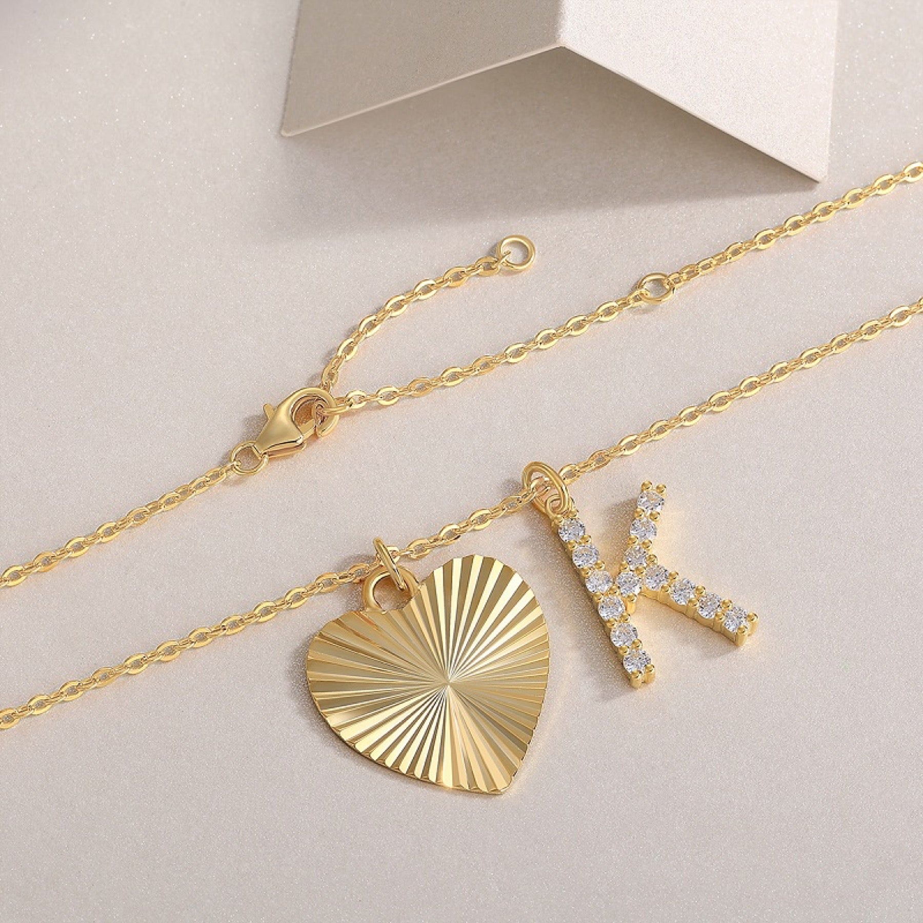 Initial K Moissanite Heart and Initial Necklace in Gold-Tone Sterling Silver