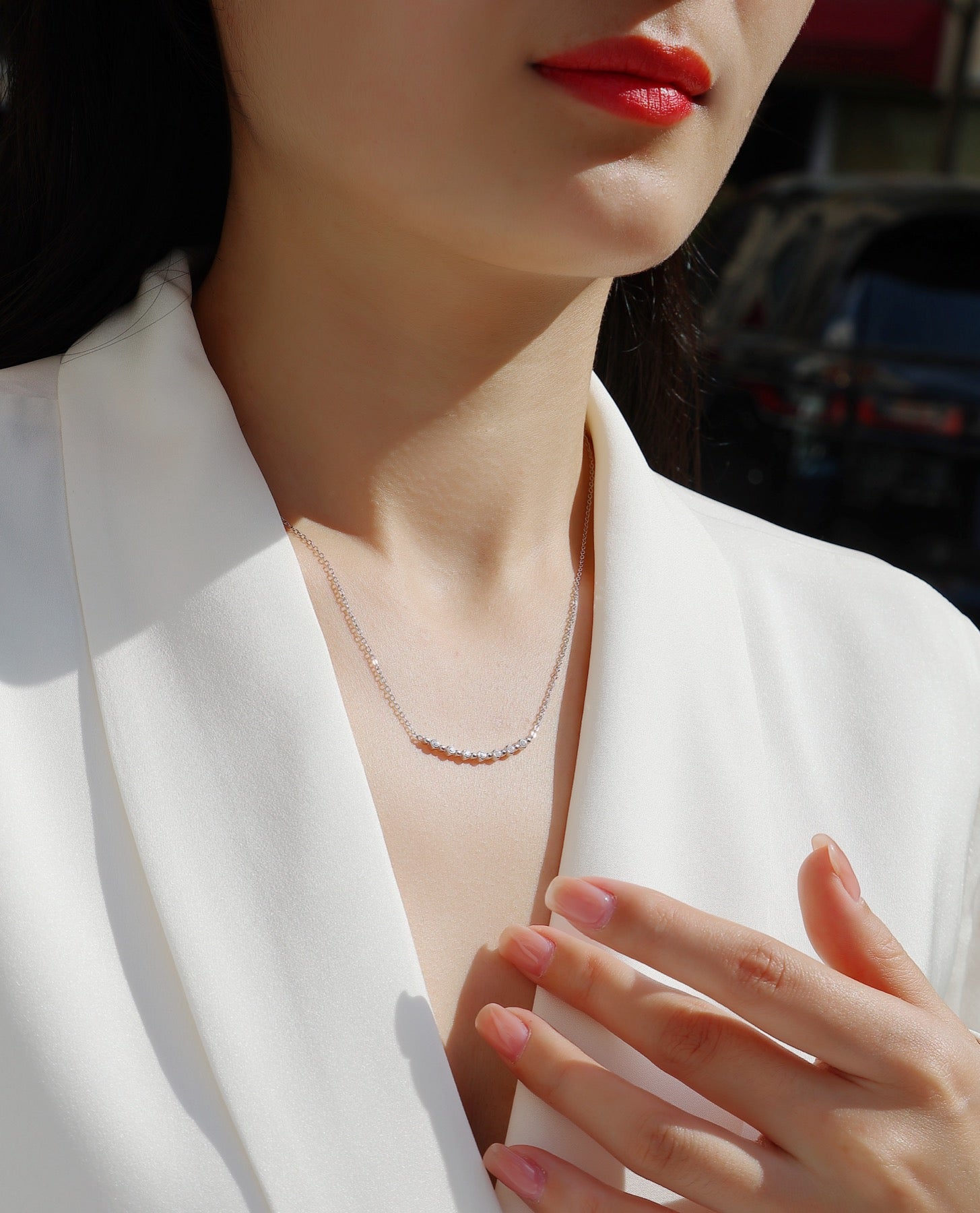 Constellation Moissanite Curved Bar Necklace in Sterling Silver