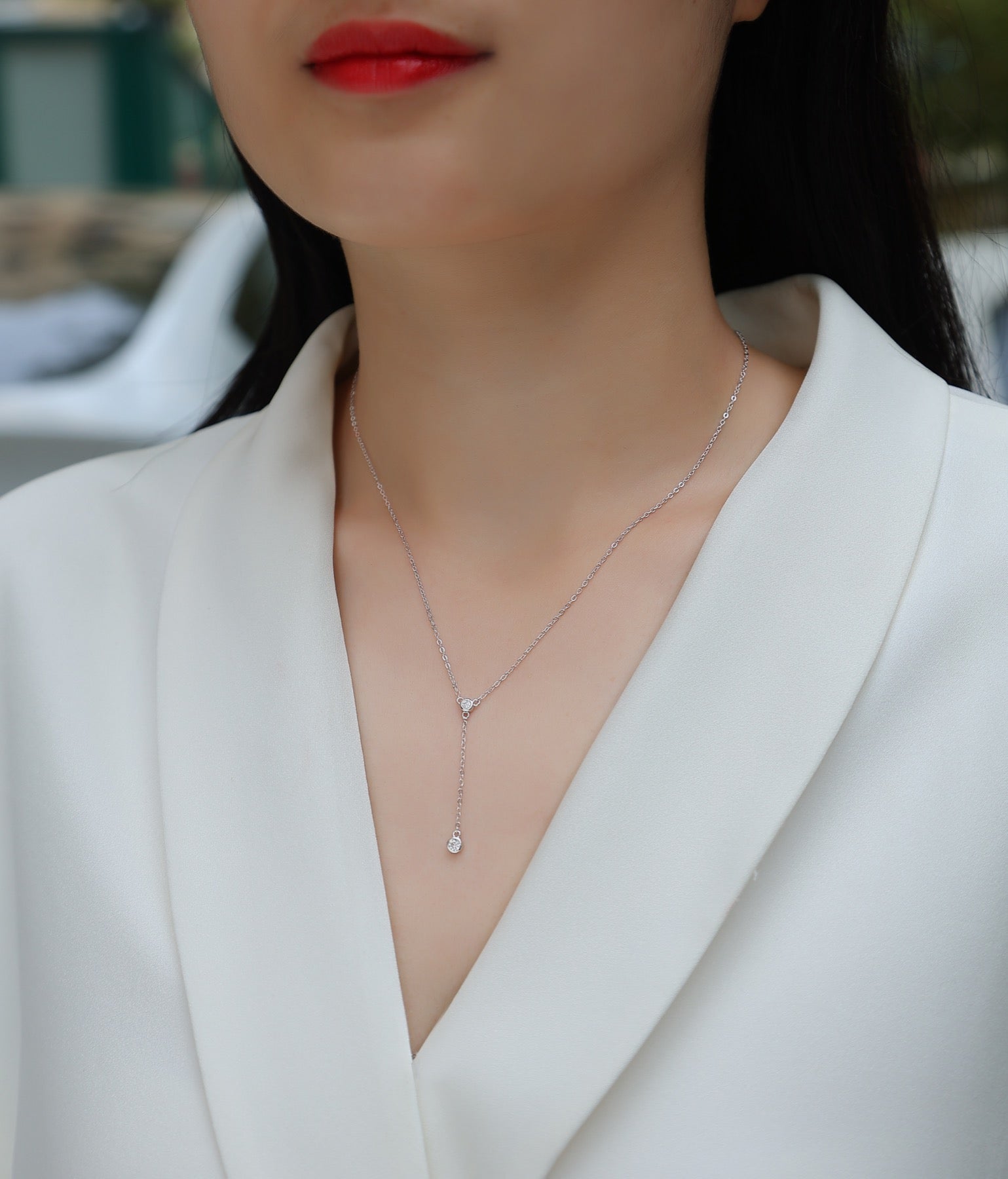 Cascade Moissanite Lariat Necklace in Sterling Silver