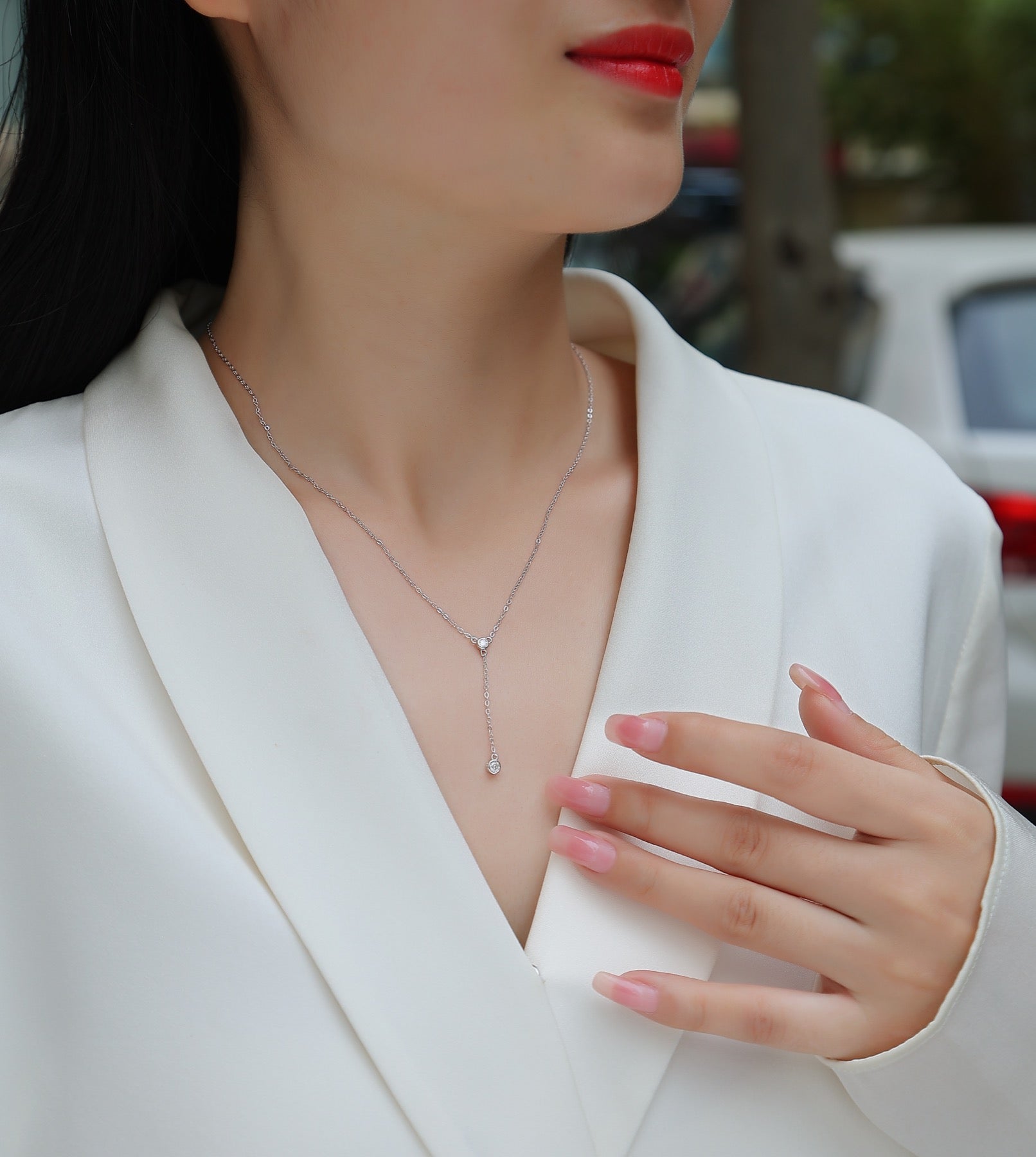 Cascade Moissanite Lariat Necklace in Sterling Silver