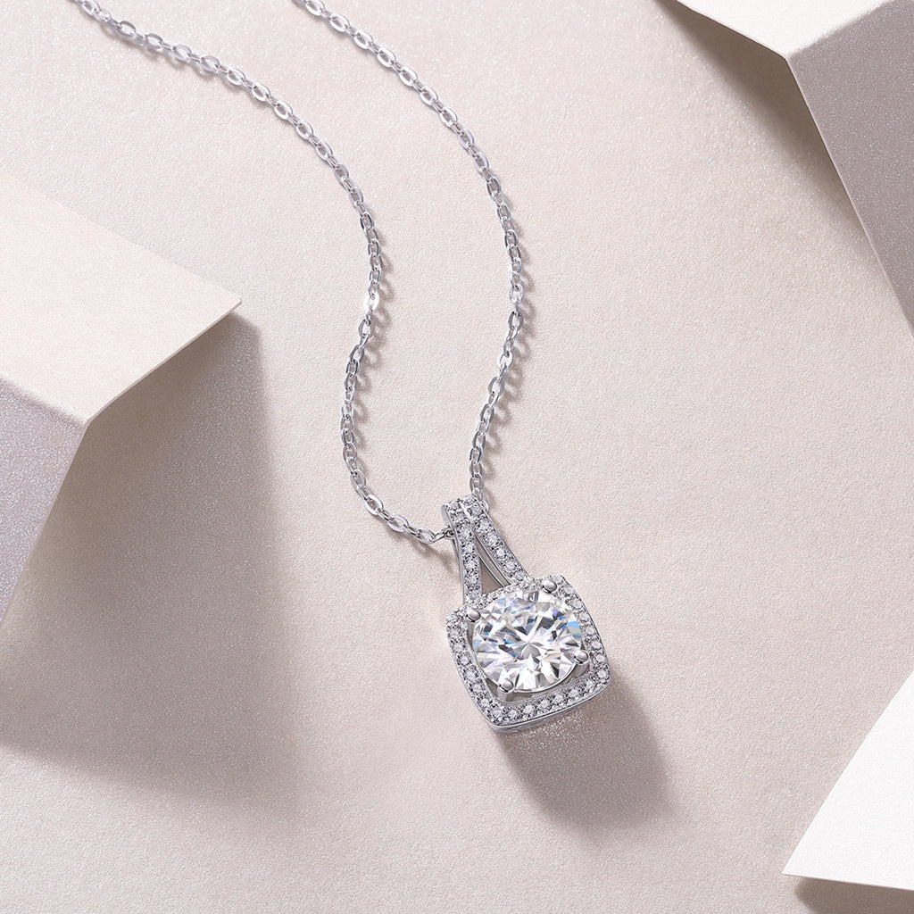 Solene 2 Carat Moissanite Halo Pendant Necklace in Sterling Silver