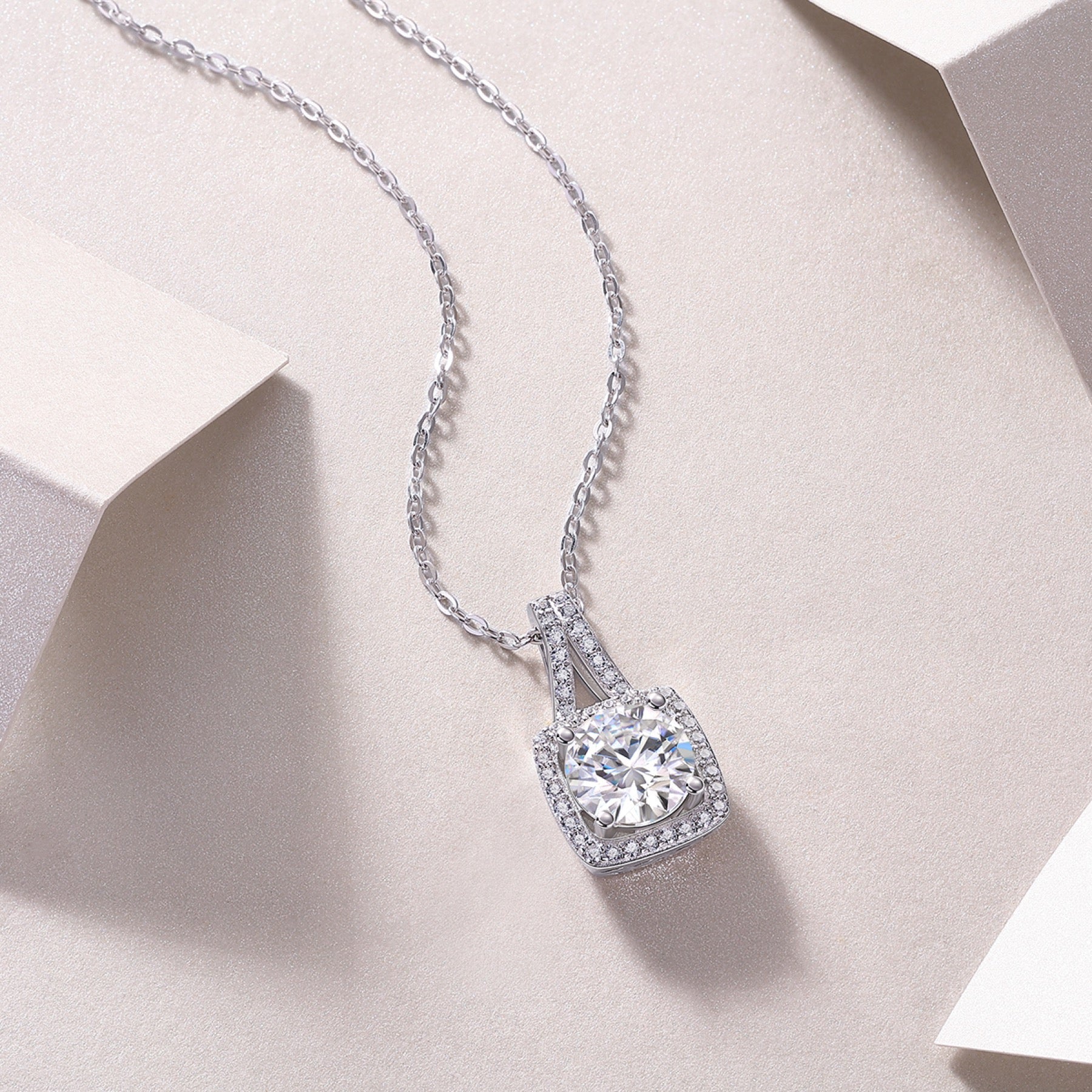 Solene 2 Carat Moissanite Halo Pendant Necklace in Sterling Silver