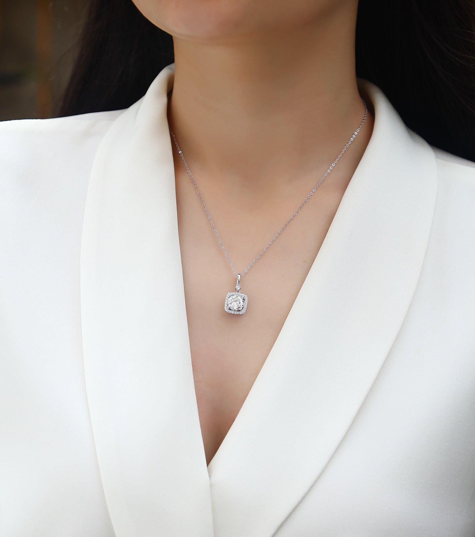 Marie 2 Carat Moissanite Halo Pendant Necklace in Sterling Silver