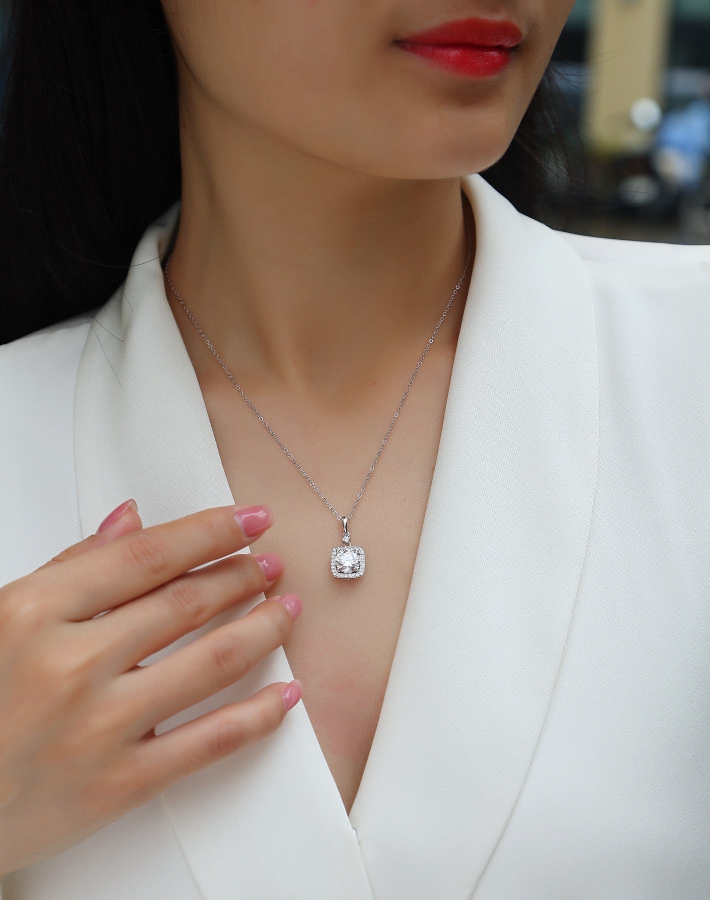 Marie 2 Carat Moissanite Halo Pendant Necklace in Sterling Silver