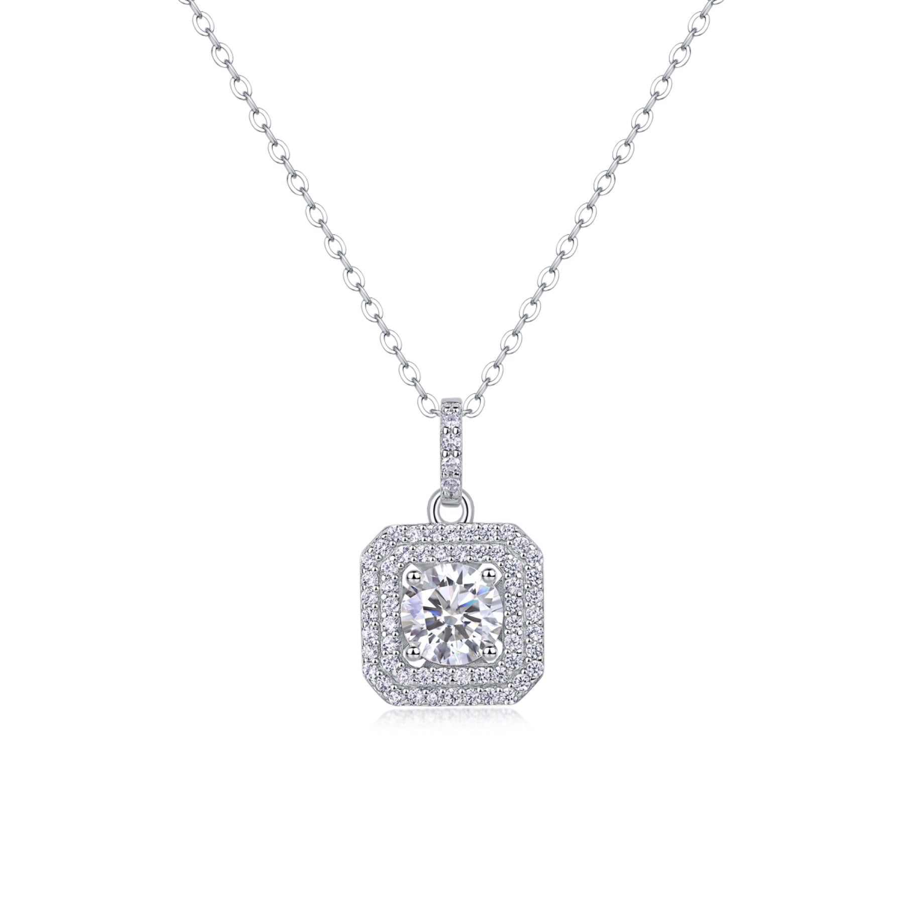 Sugarcube 1 Carat Moissanite Halo Pendant Necklace in Sterling Silver
