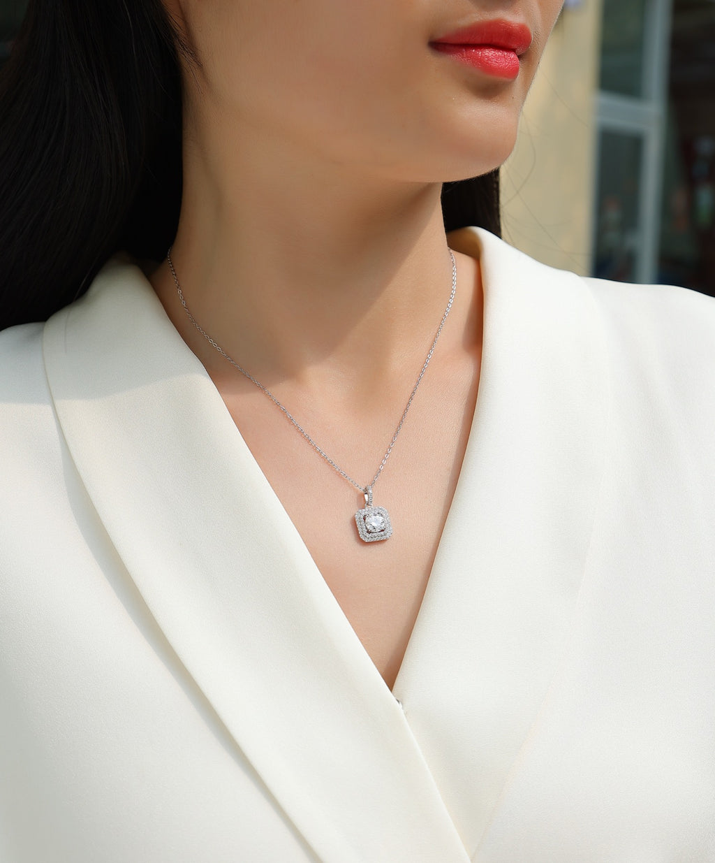 Sugarcube 1 Carat Moissanite Halo Pendant Necklace in Sterling Silver