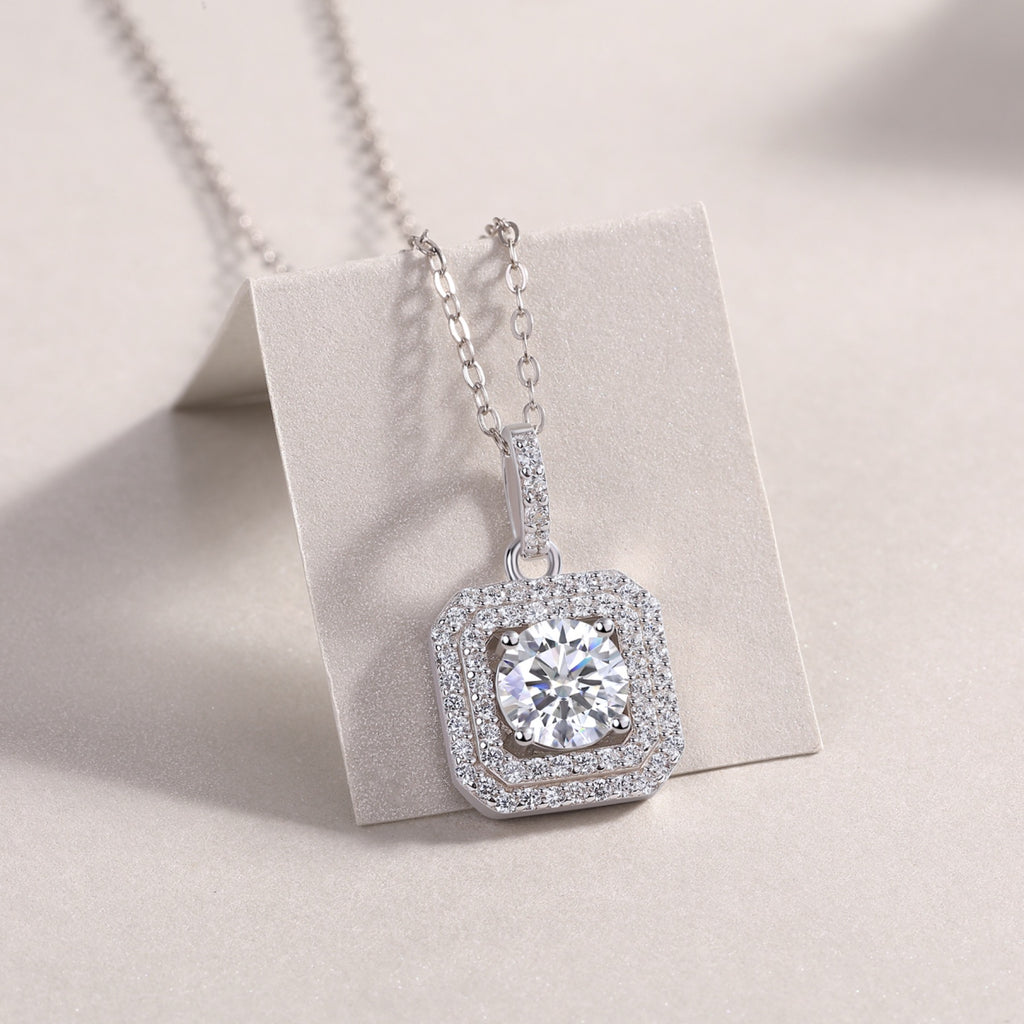 Sugarcube 1 Carat Moissanite Halo Pendant Necklace in Sterling Silver
