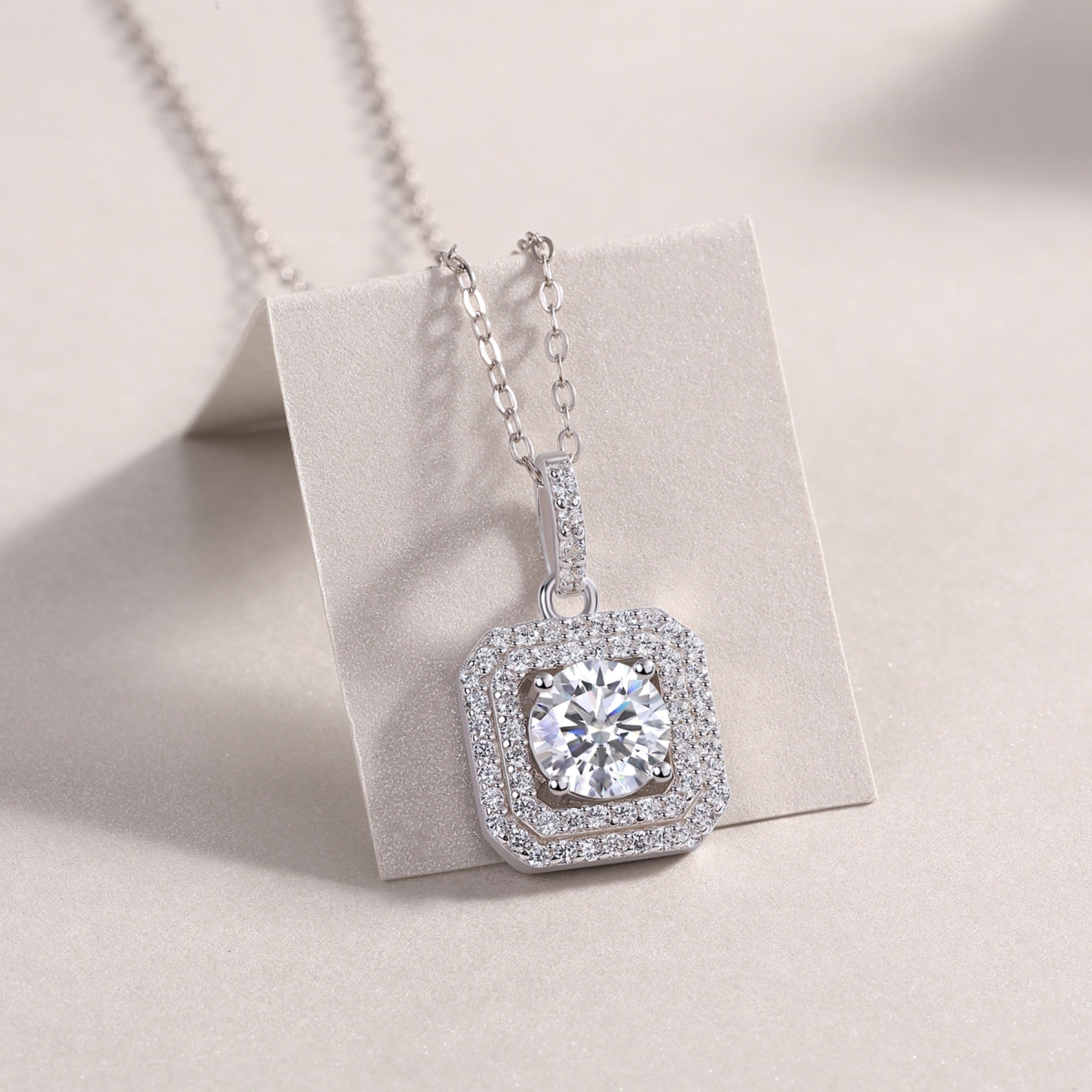 Sugarcube 1 Carat Moissanite Halo Pendant Necklace in Sterling Silver