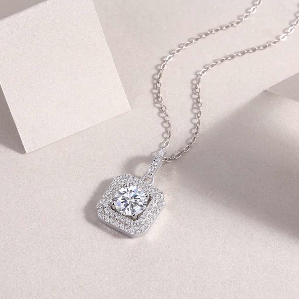 Sugarcube 1 Carat Moissanite Halo Pendant Necklace in Sterling Silver