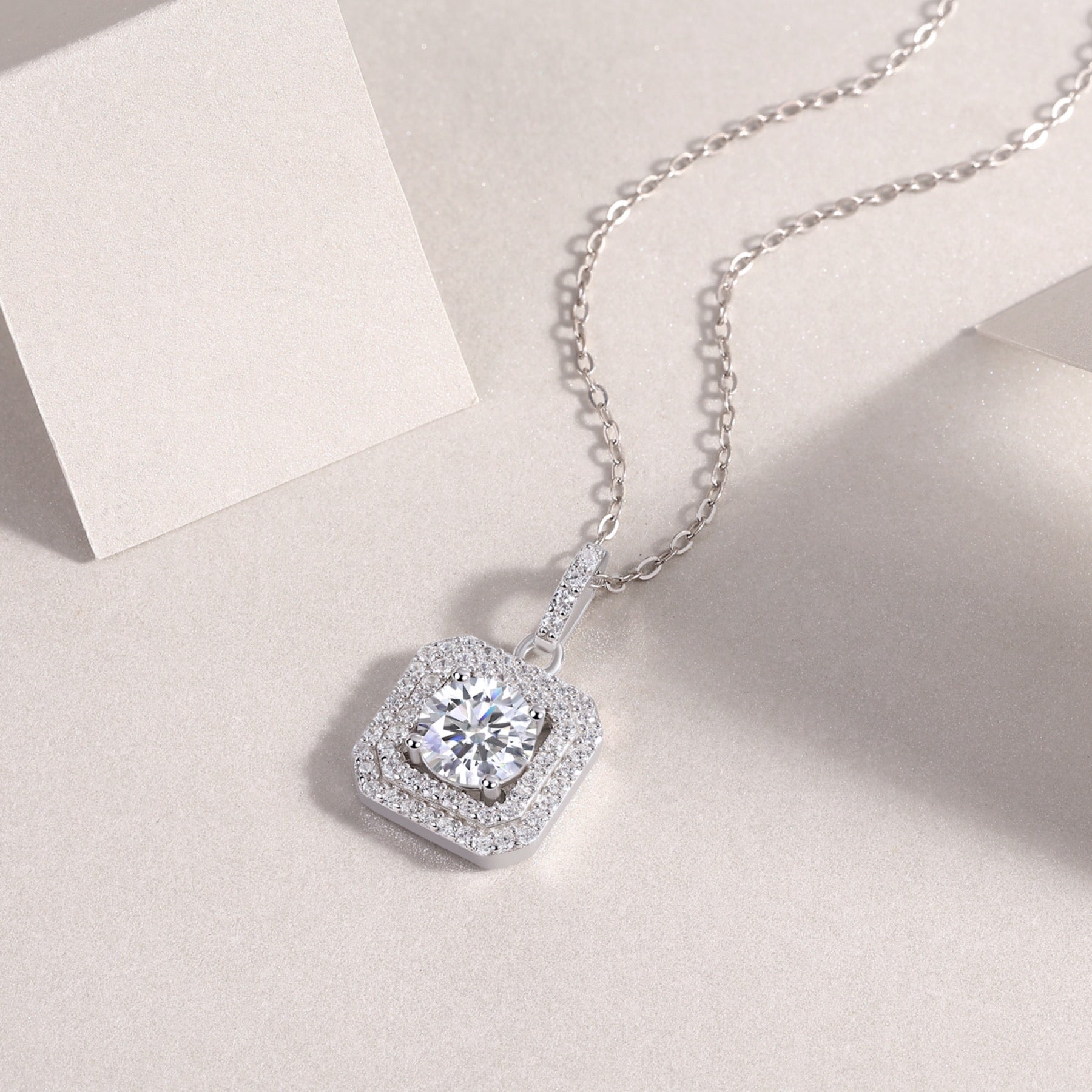 Sugarcube 1 Carat Moissanite Halo Pendant Necklace in Sterling Silver