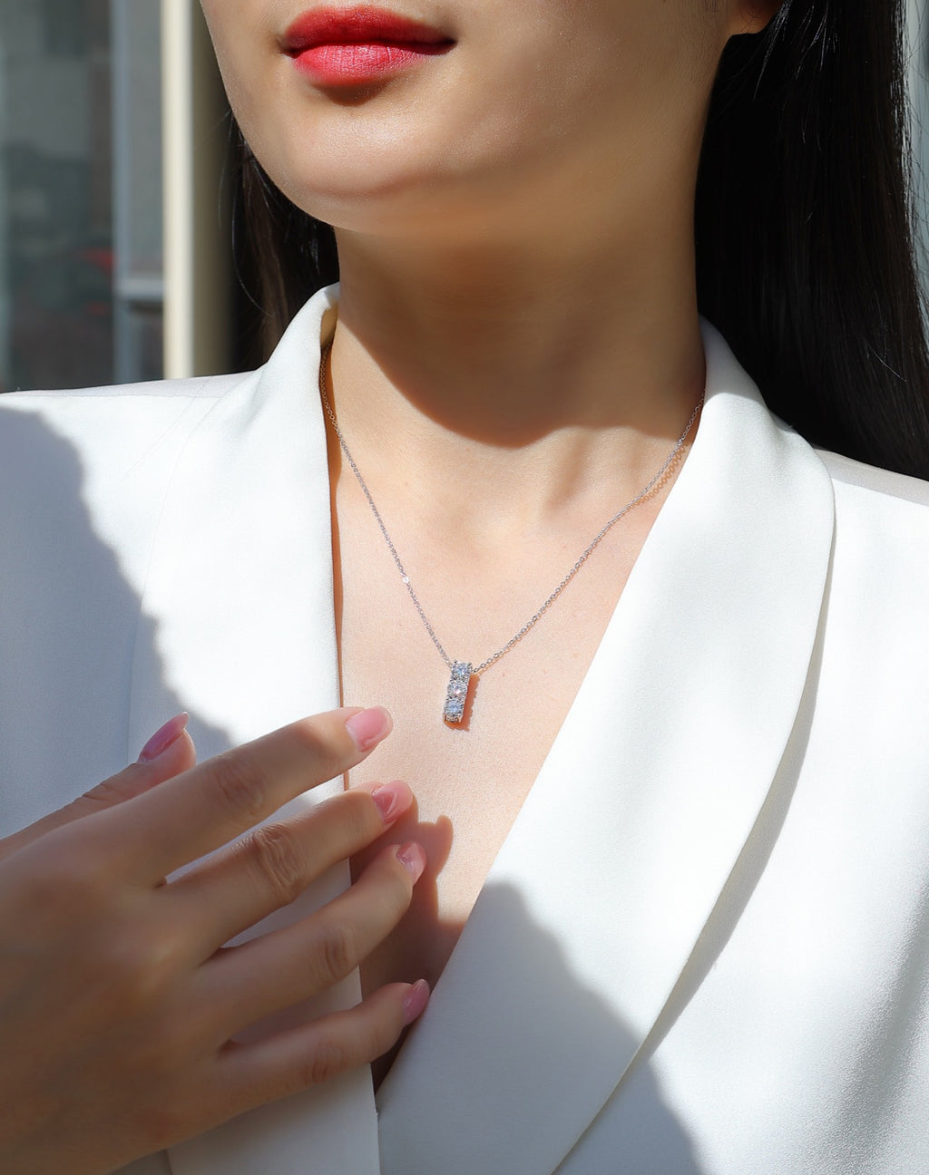 Trio Moissanite Three-Stone Pendant Necklace in Sterling Silver