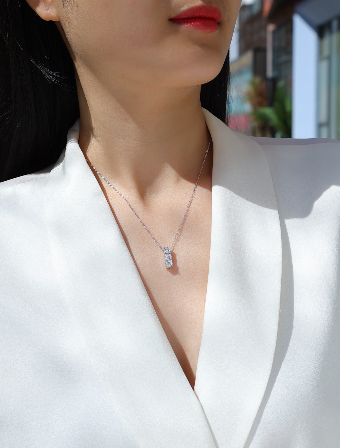 Trio Moissanite Three-Stone Pendant Necklace in Sterling Silver