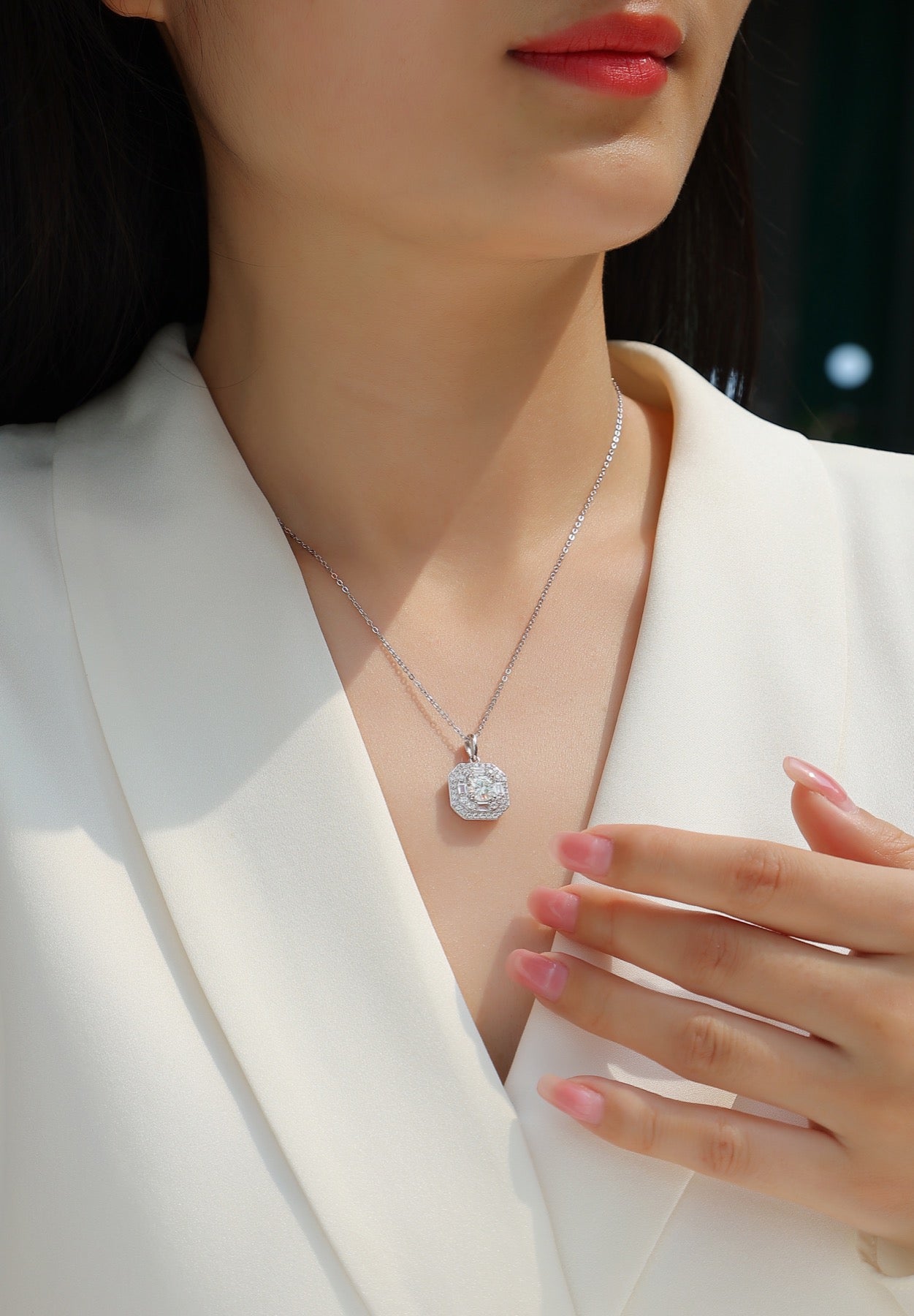 Quadra 1 Carat Moissanite Halo Pendant Necklace in Sterling Silver