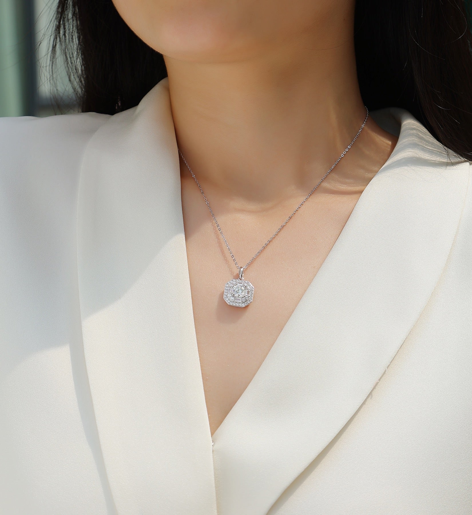 Quadra 1 Carat Moissanite Halo Pendant Necklace in Sterling Silver