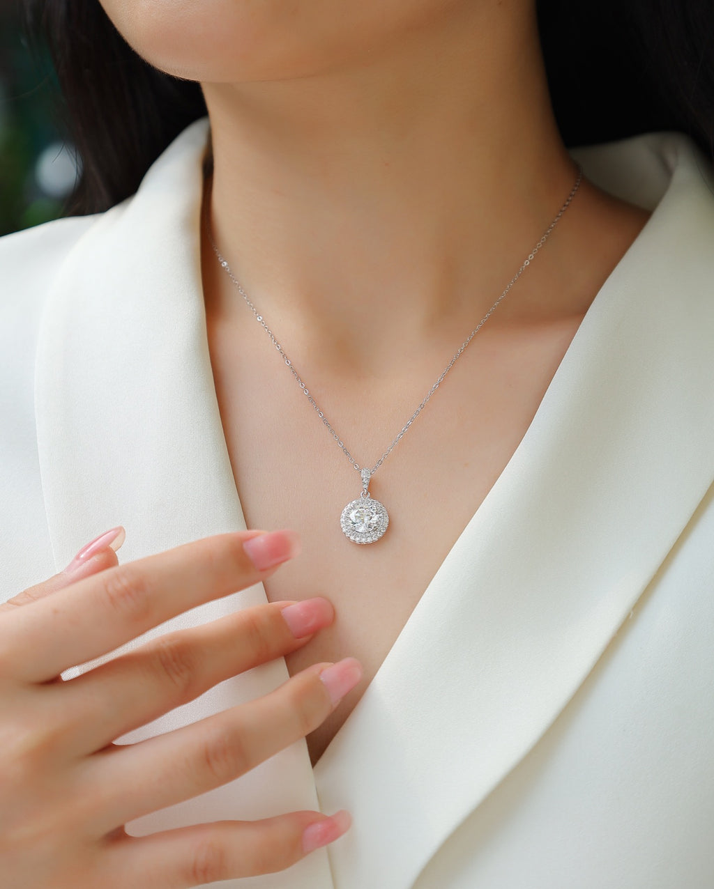 Sweetheart 2 Carat Moissanite Halo Pendant Necklace in Sterling Silver