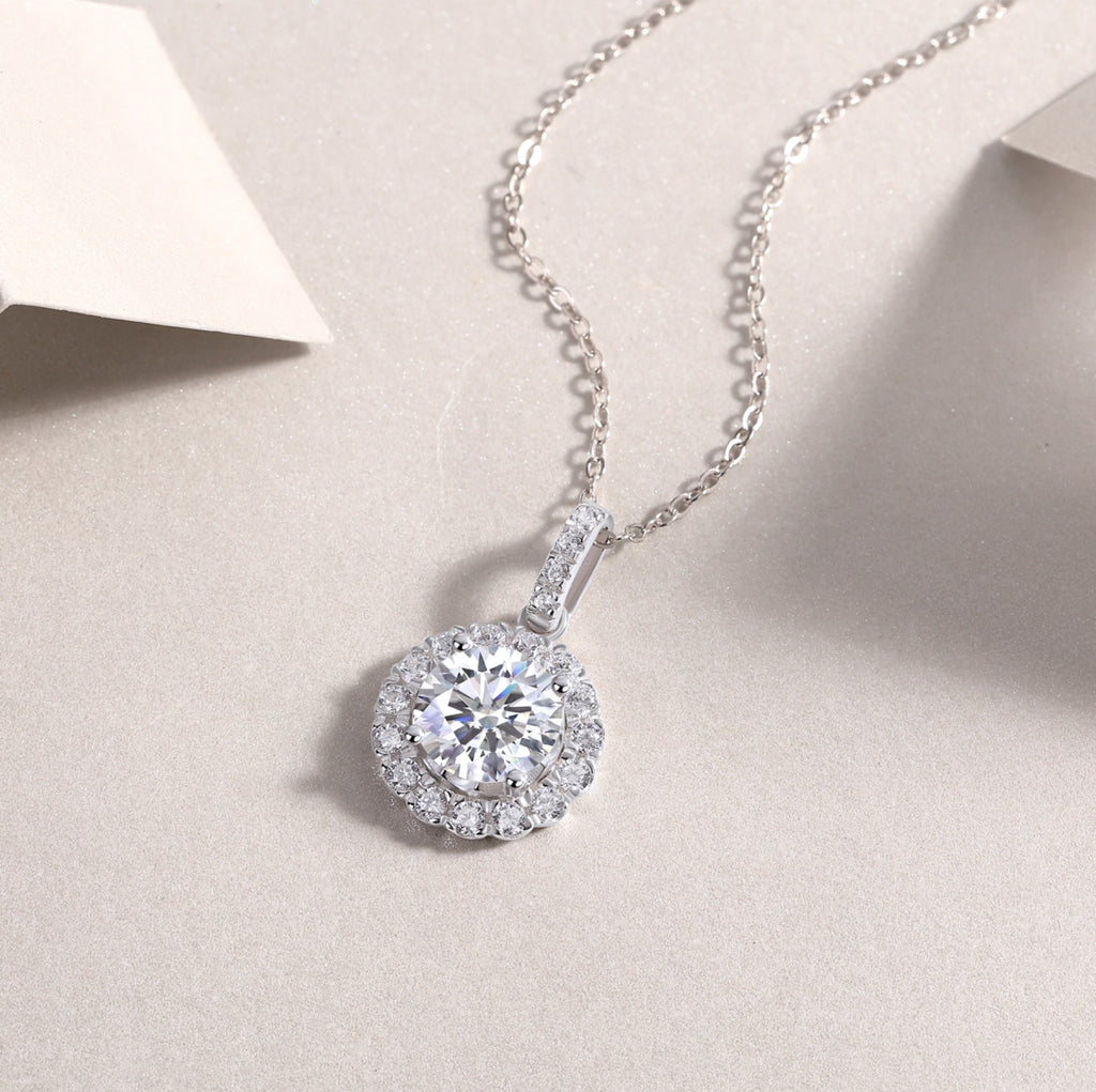 Dandelion 2 Carat Moissanite Halo Pendant Necklace in Sterling Silver