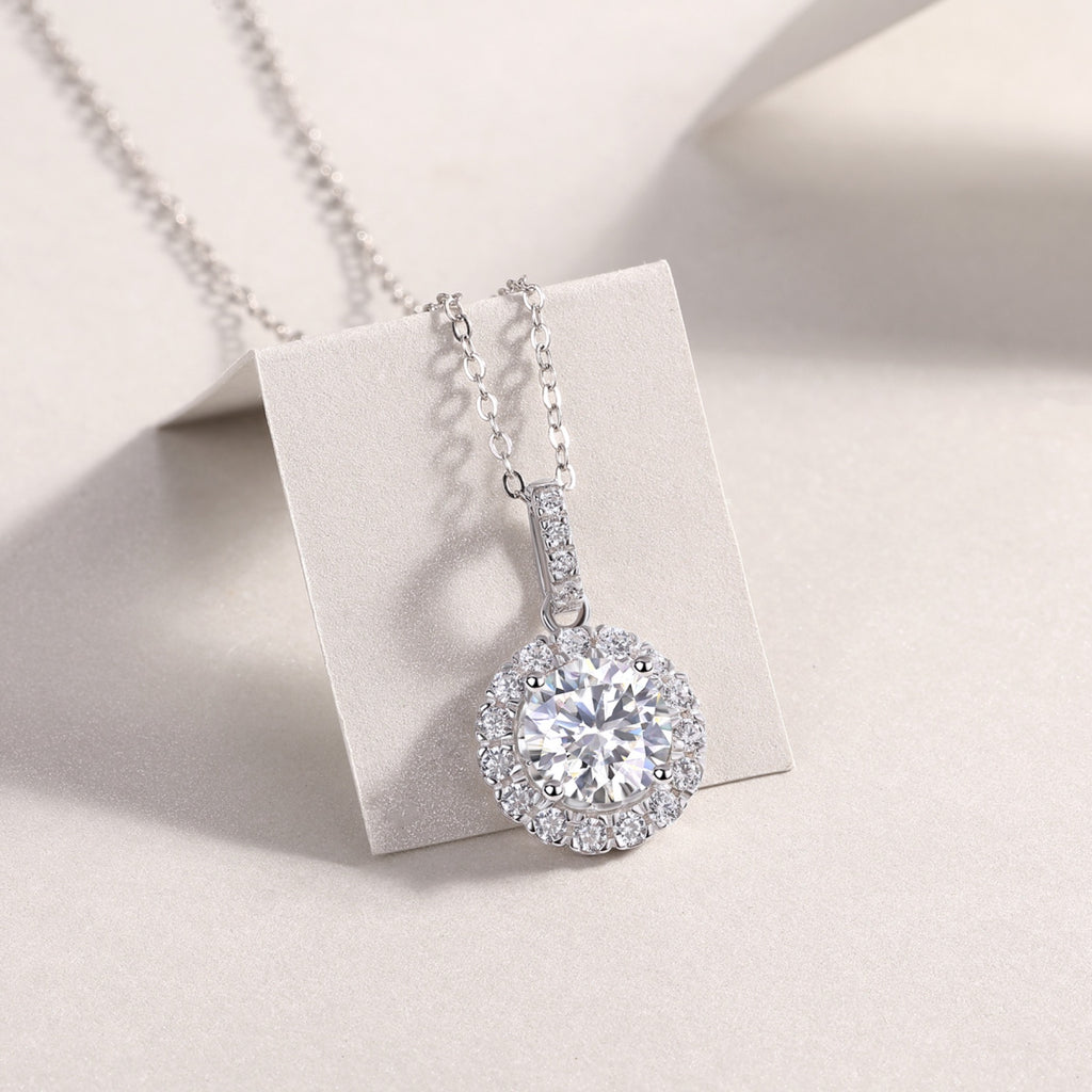 Dandelion 2 Carat Moissanite Halo Pendant Necklace in Sterling Silver