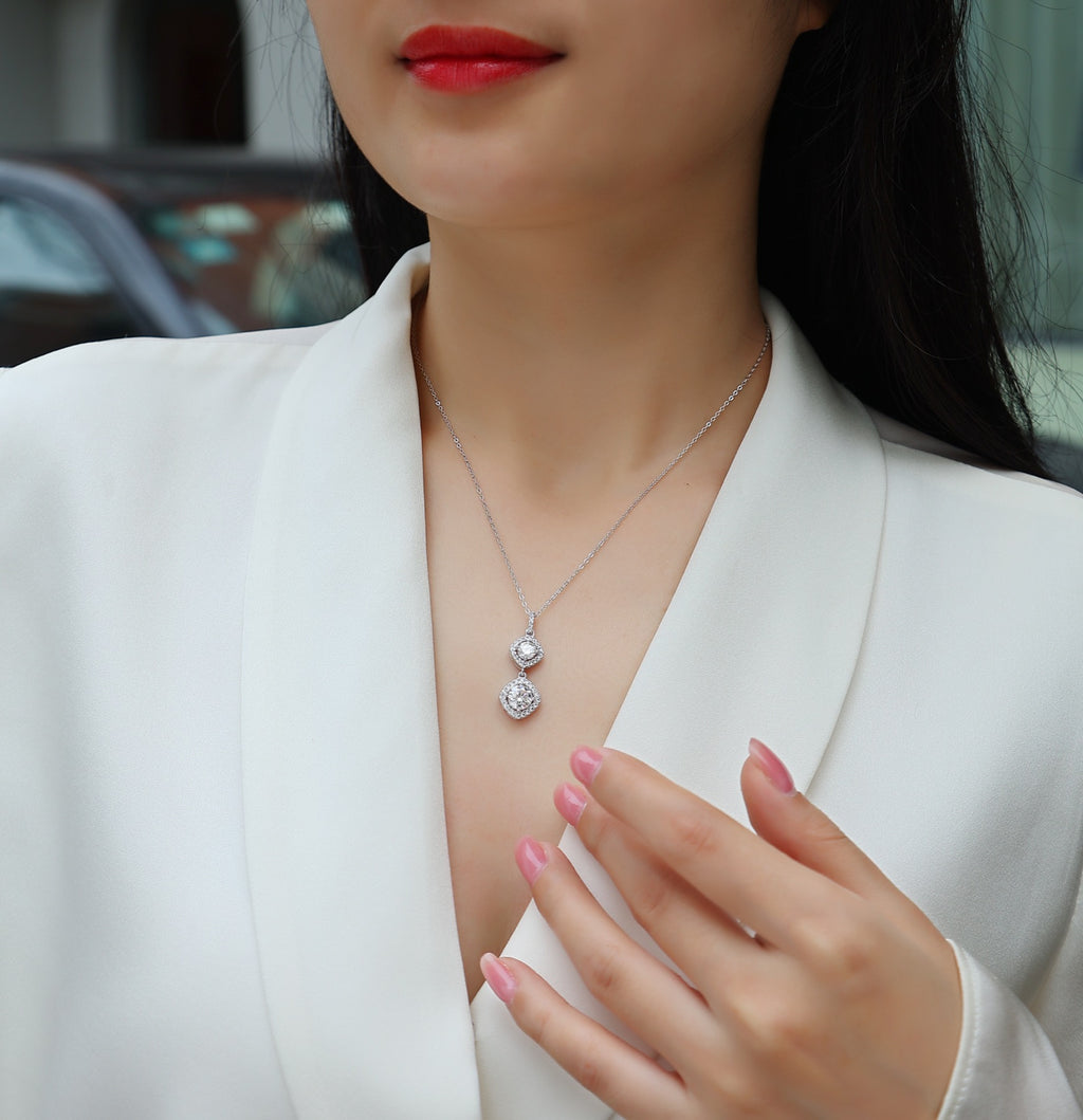 Wonderland 1 Carat Moissanite Halo Drop Pendant Necklace in Sterling Silver