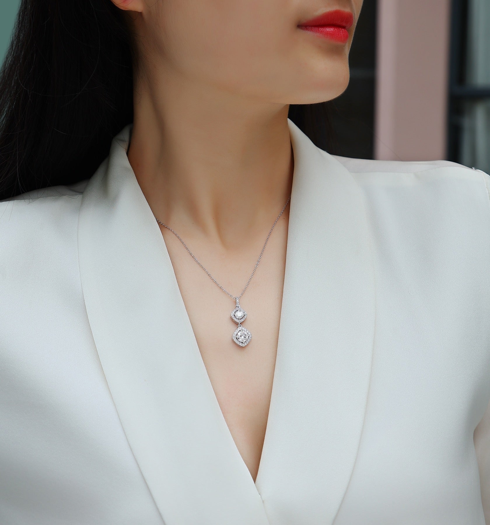 Wonderland 1 Carat Moissanite Halo Drop Pendant Necklace in Sterling Silver