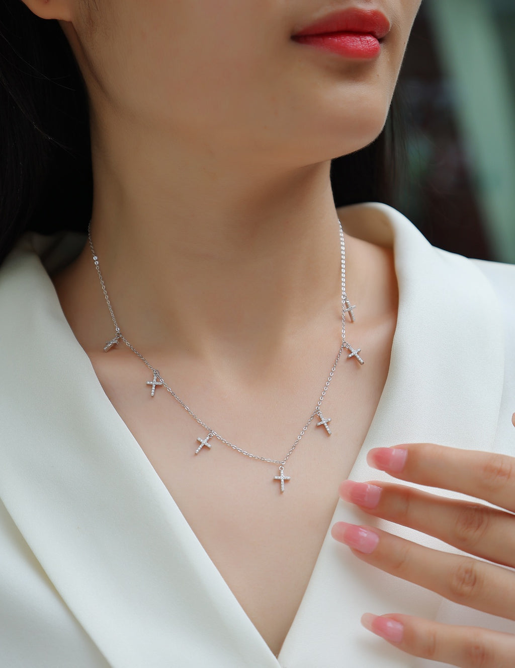 Sanctus Moissanite Cross Station Necklace in Sterling Silver