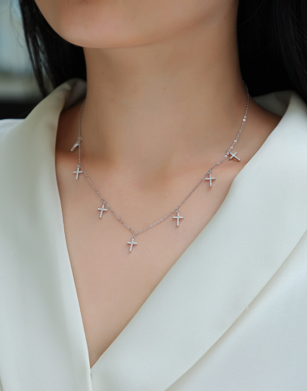 Sanctus Moissanite Cross Station Necklace in Sterling Silver