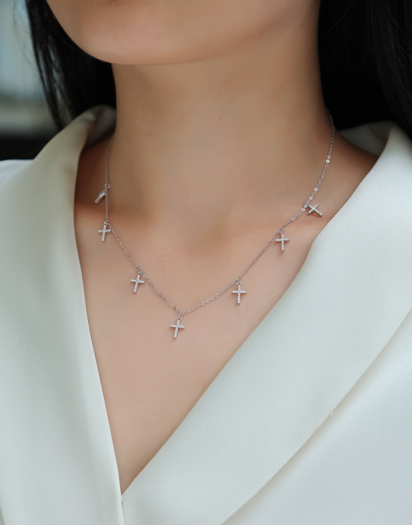 Sanctus Moissanite Cross Station Necklace in Sterling Silver