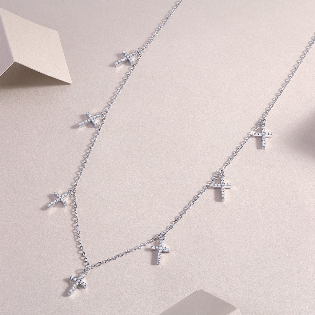 Sanctus Moissanite Cross Station Necklace in Sterling Silver