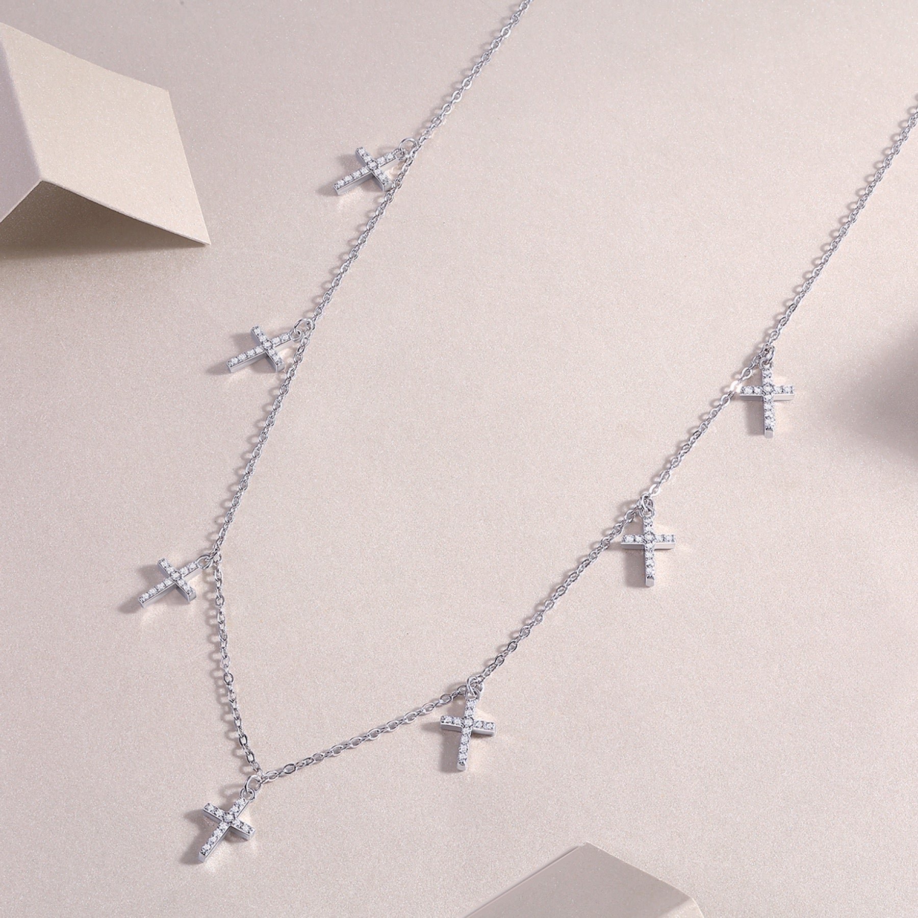 Sanctus Moissanite Cross Station Necklace in Sterling Silver
