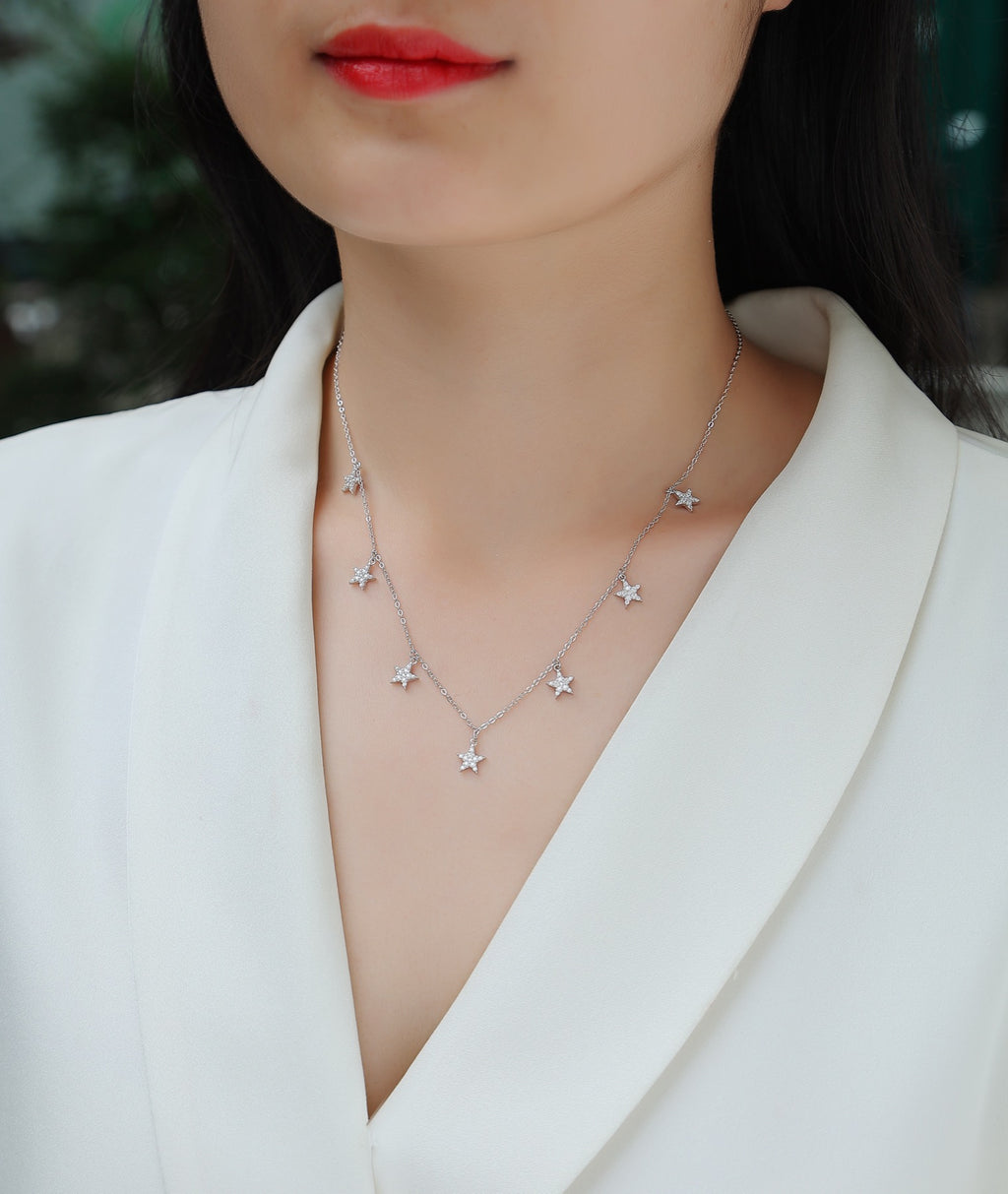 Starry Moissanite Star Station Necklace in Sterling Silver