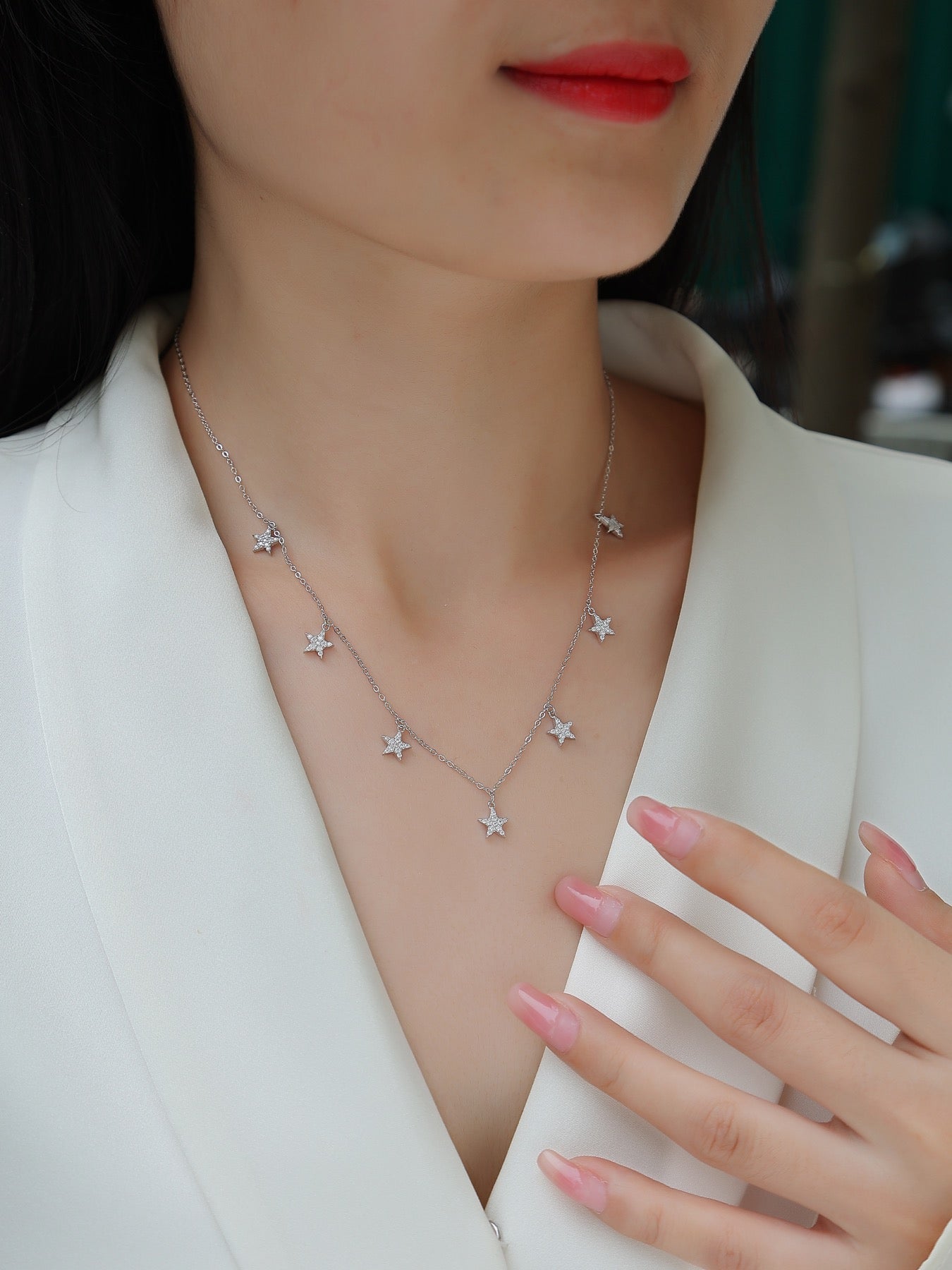 Starry Moissanite Star Station Necklace in Sterling Silver