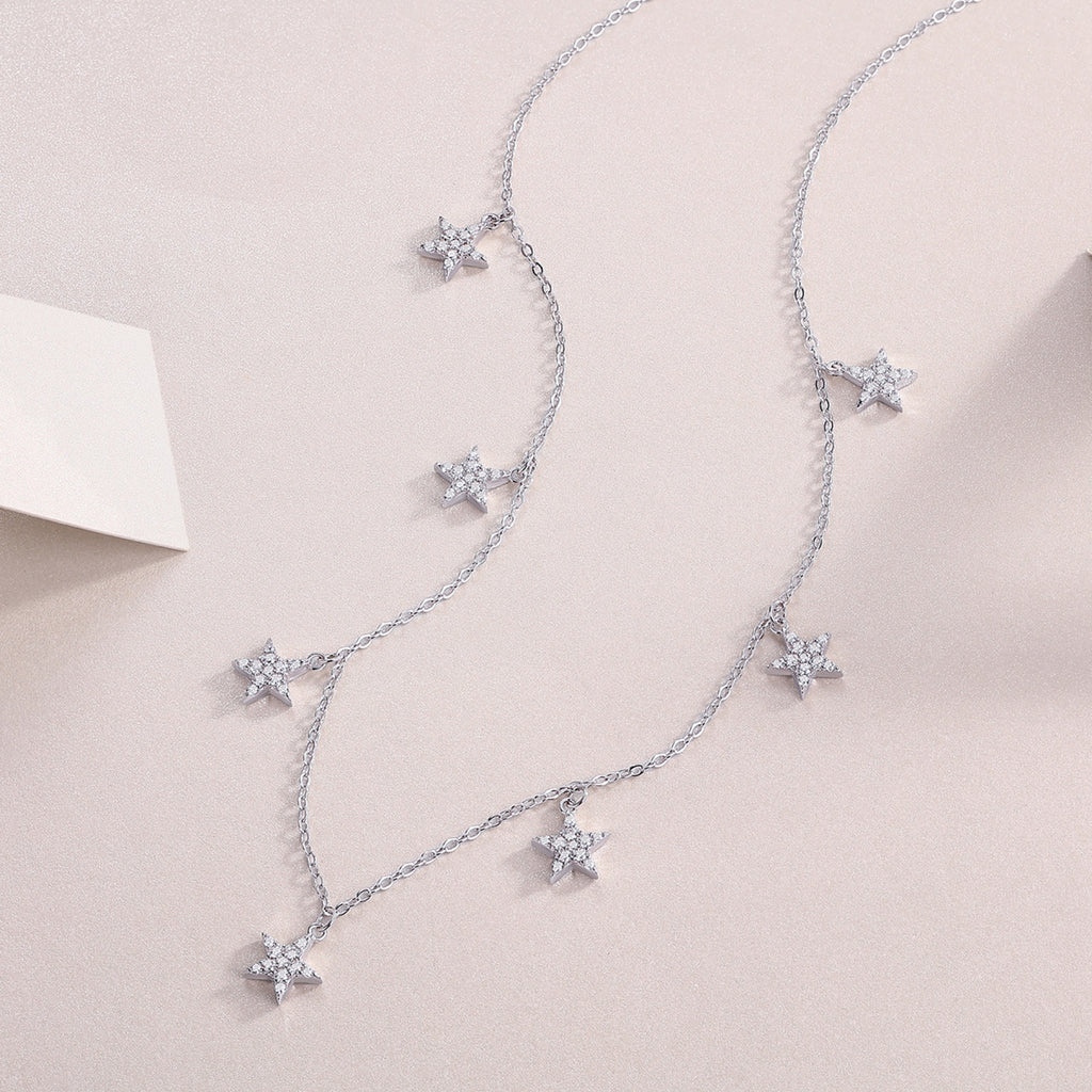 Starry Moissanite Star Station Necklace in Sterling Silver