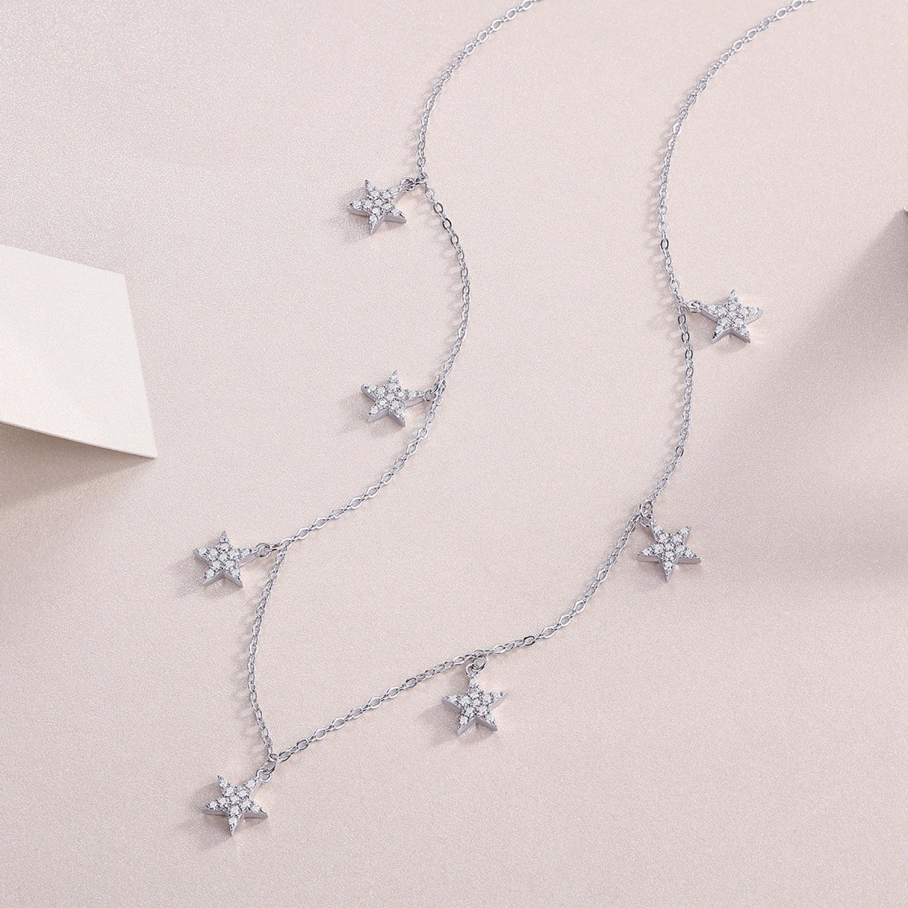 Starry Moissanite Star Station Necklace in Sterling Silver